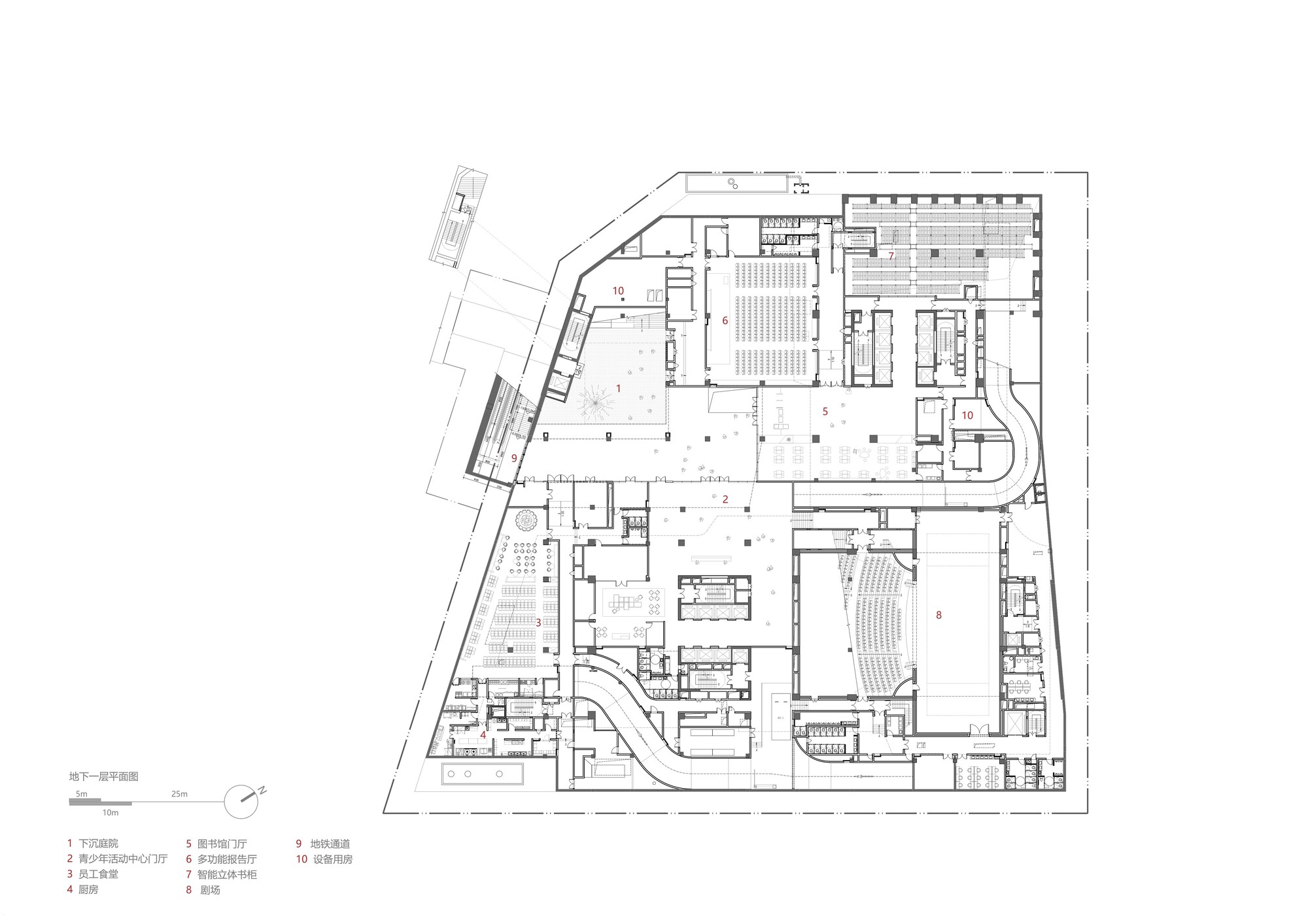 Basement floor plan drawing showing an auditorium, a theatre, a sunken plaza and service rooms, with a numbered legend