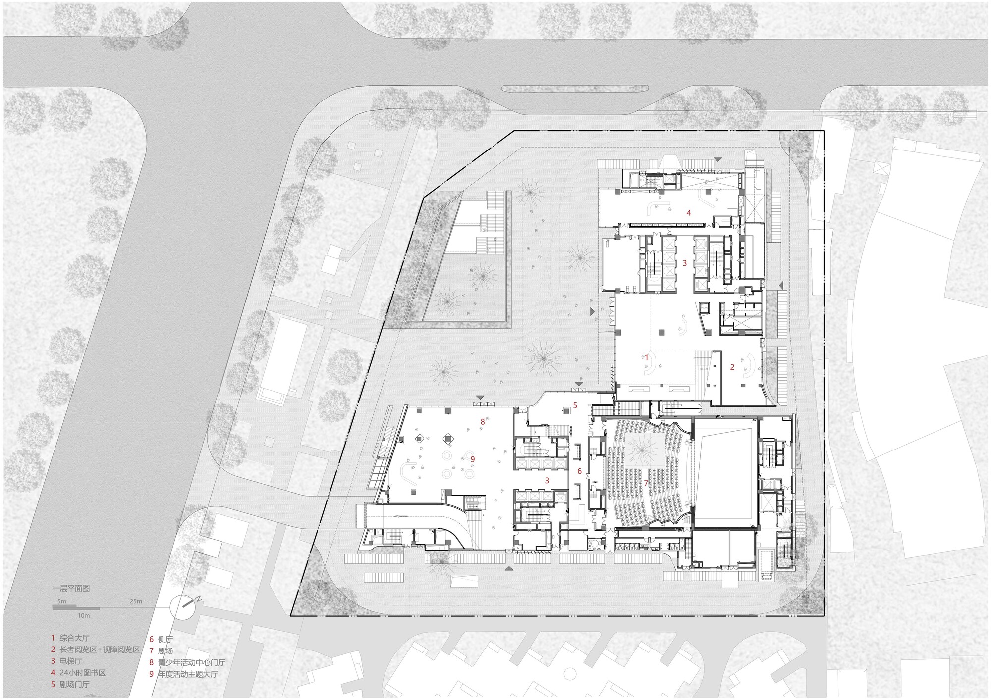 Ground floor plan drawing showing the building footprint, a theatre, lobbies and tree-lined open plaza, with a numbered legend