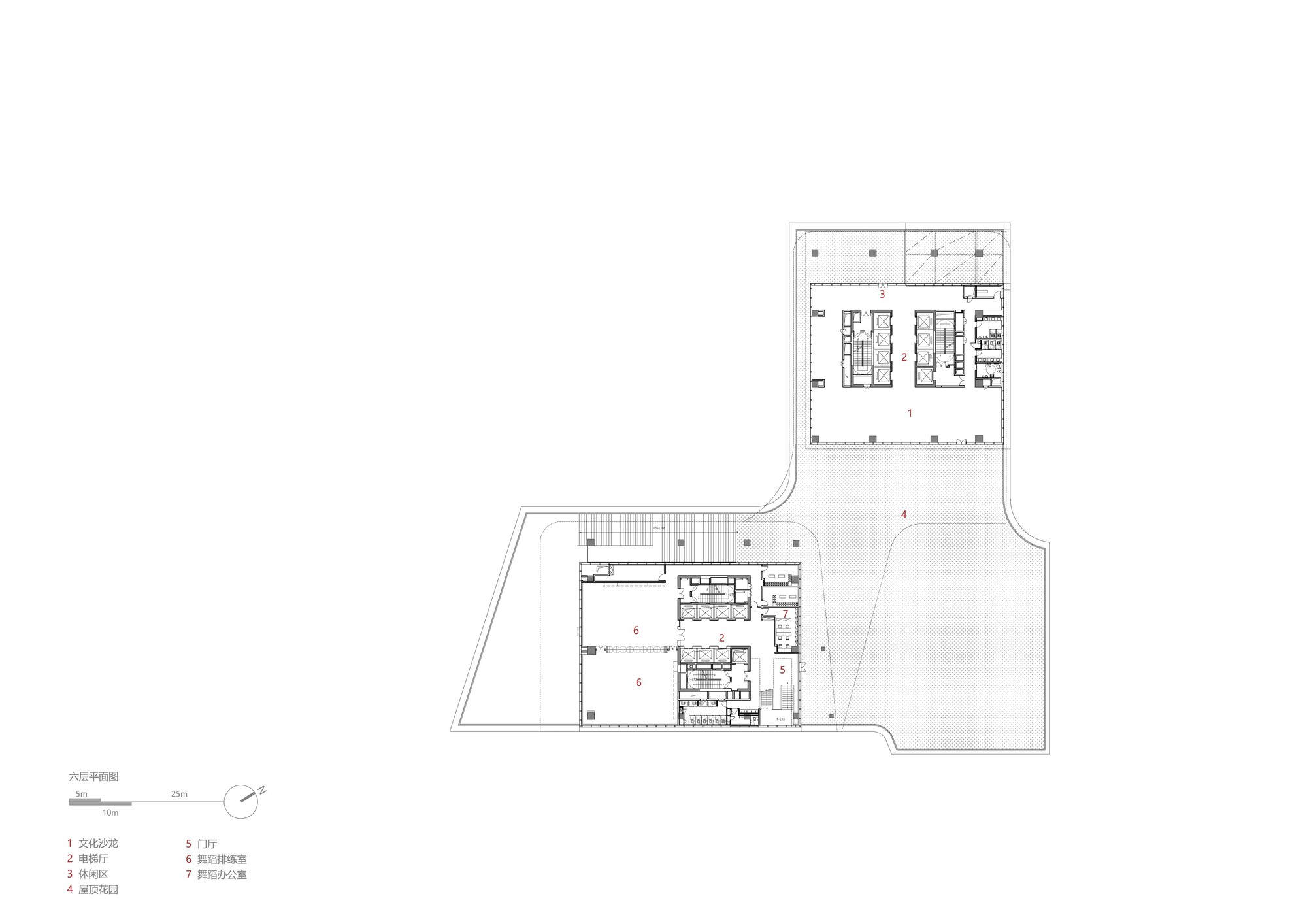 Sixth floor plan drawing showing two building footprints joined by a large hatched rooftop garden terrace with stairs and service cores