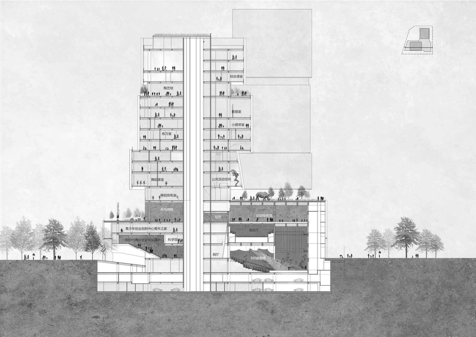 Grayscale section drawing of the stacked tower with a central core, sunken theater, and small figures and trees at ground level