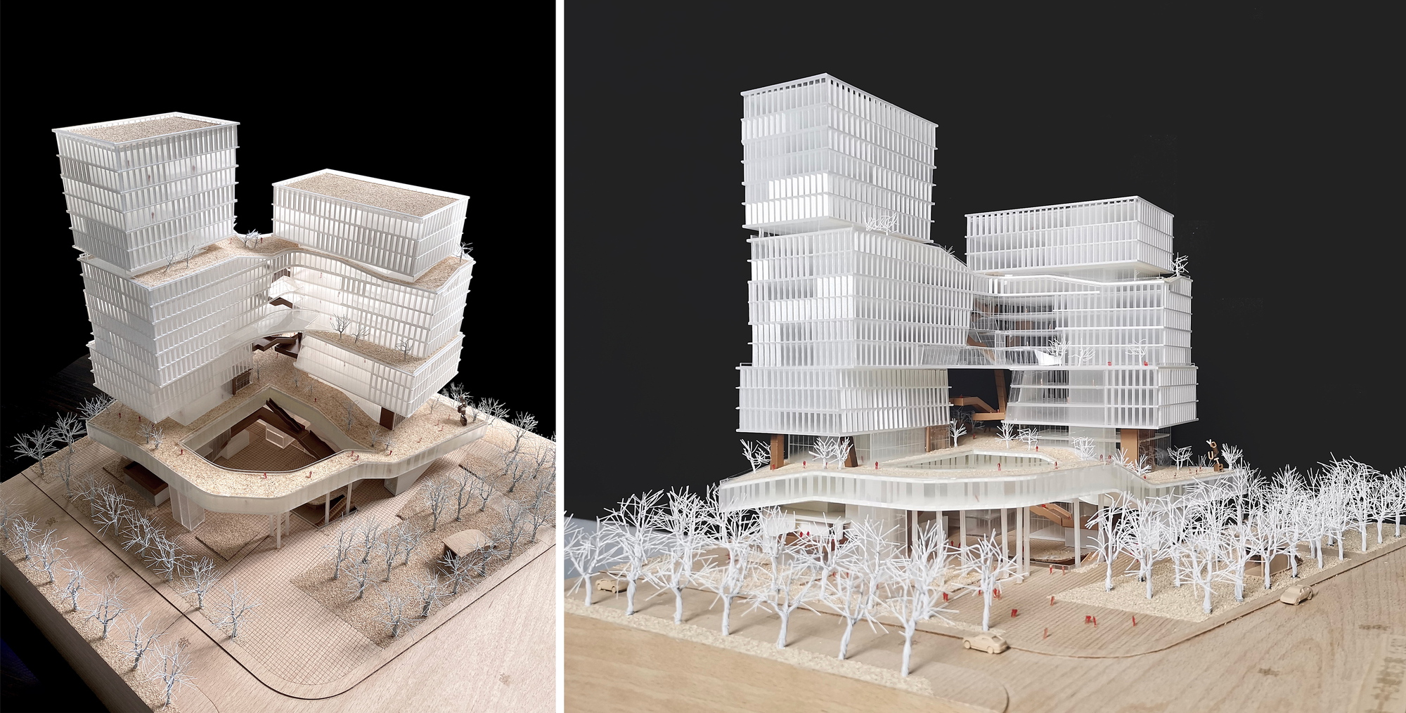 Two white physical model views of offset stacked towers above a looping podium ring, ringed by bare white model trees on a dark ground