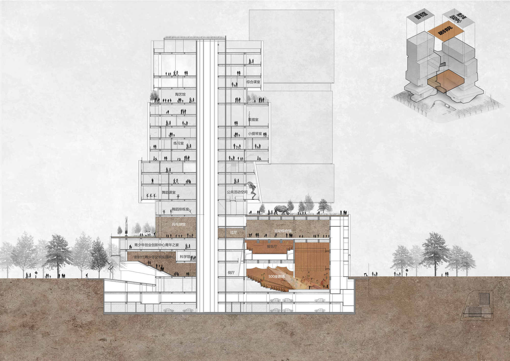 Section drawing of the tower with the theater and auditorium tinted orange, plus a small axonometric key highlighting the same spaces