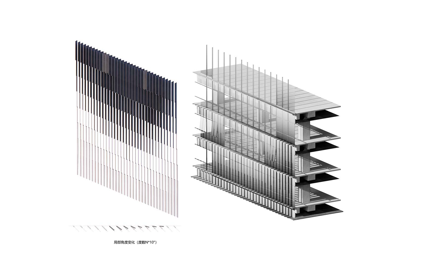 Axonometric drawing of the vertical fin facade beside an exploded floor-slab stack, with a row of fin angle diagrams below