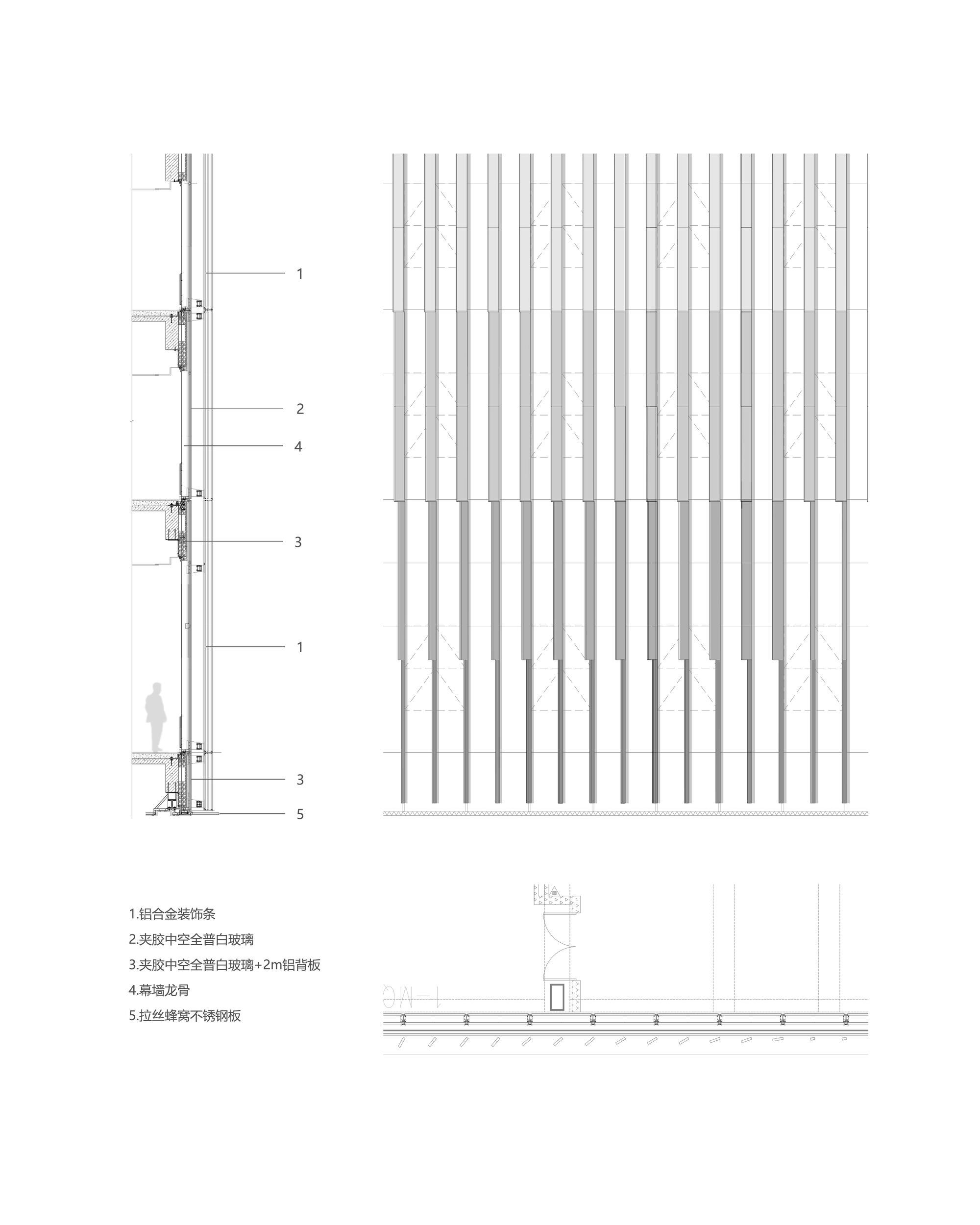 Facade detail drawing with a wall section, an elevation of vertical fins and a plan strip, with a standing figure for scale