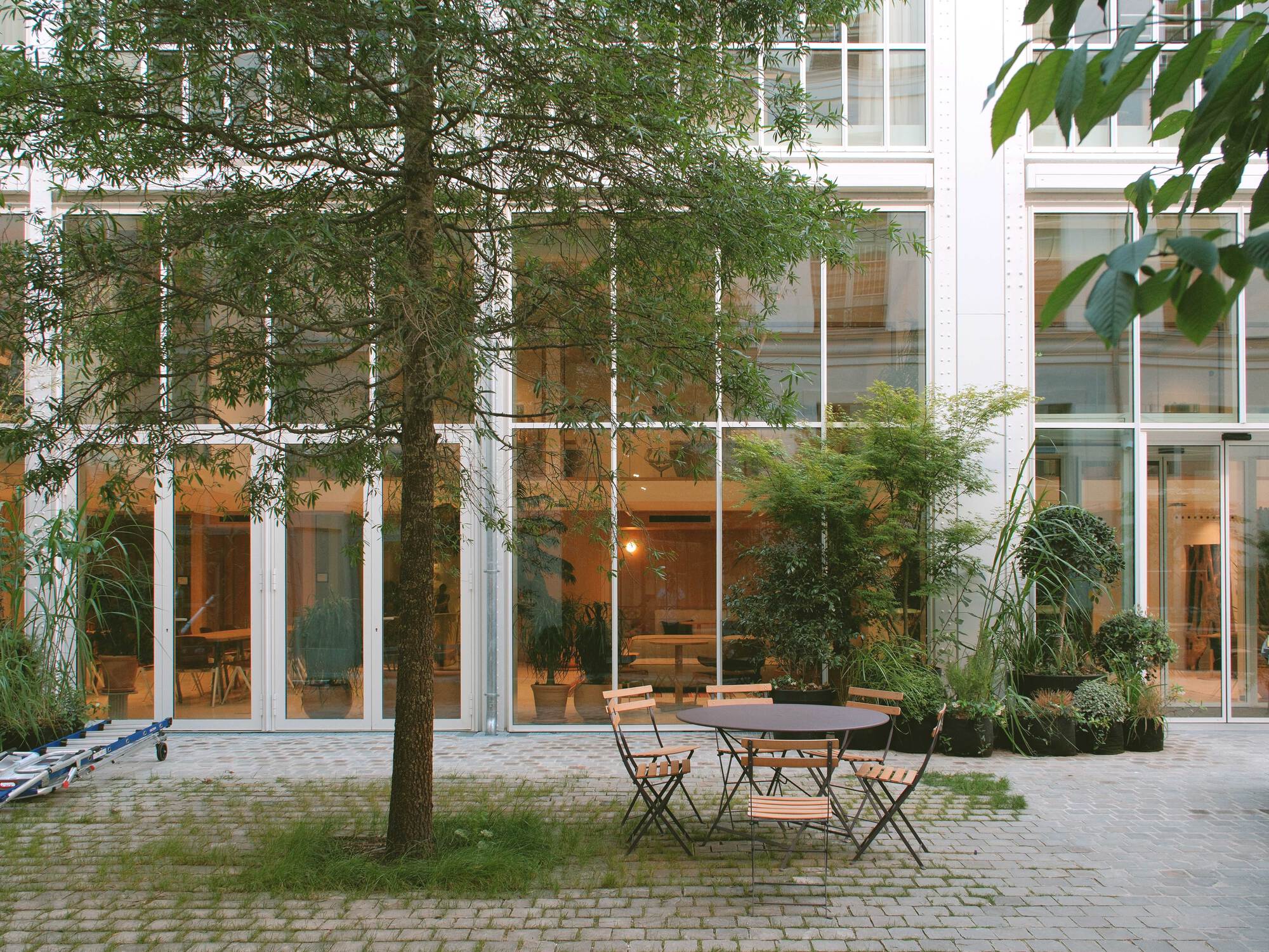 Courtyard with a slender tree, bistro table and folding chairs in front of the glazed ground floor, in soft daylight