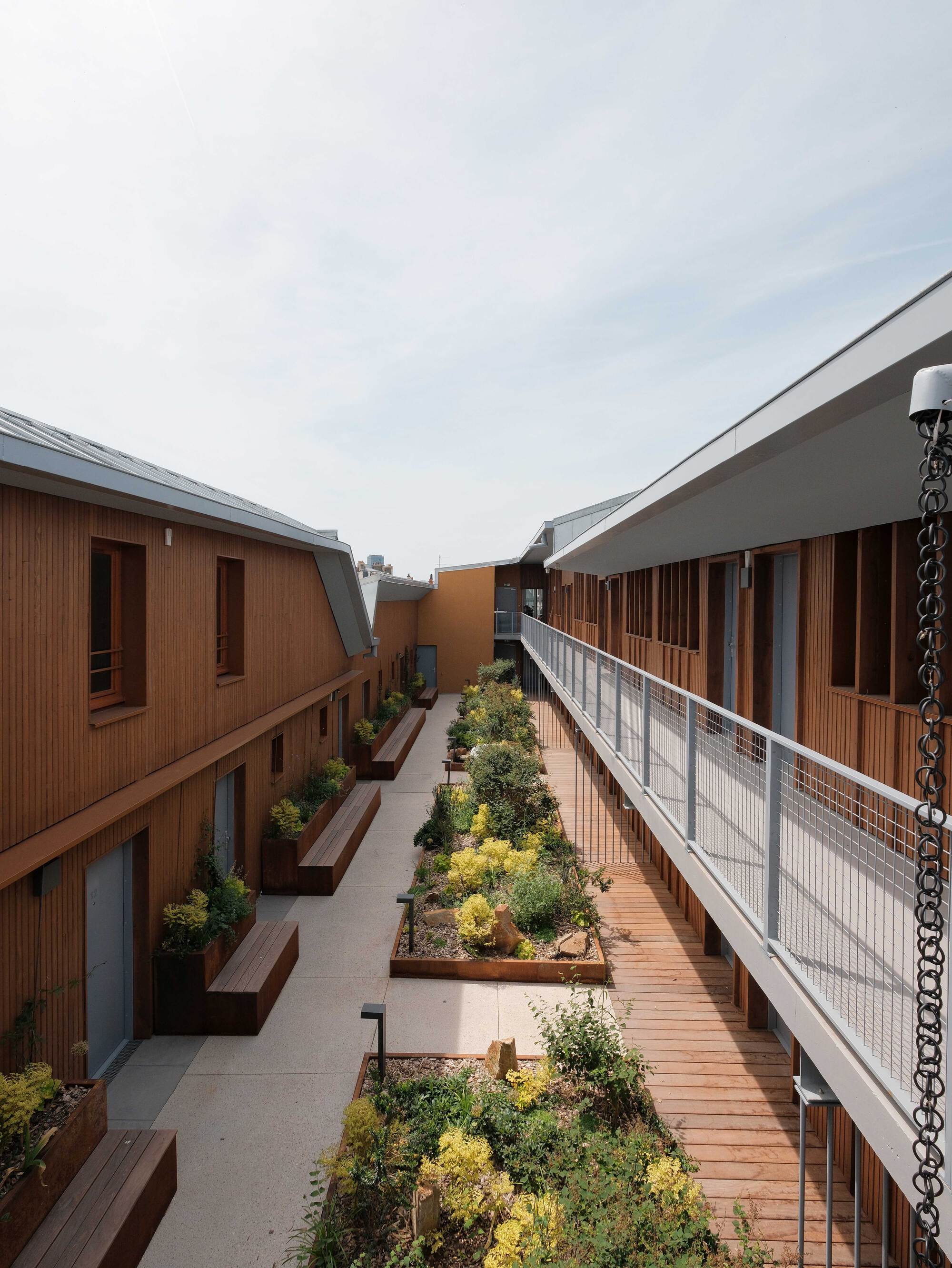 Rooftop walkway between timber-clad housing wings, with planted beds, wooden benches and a mesh-railed balcony under a pale sky