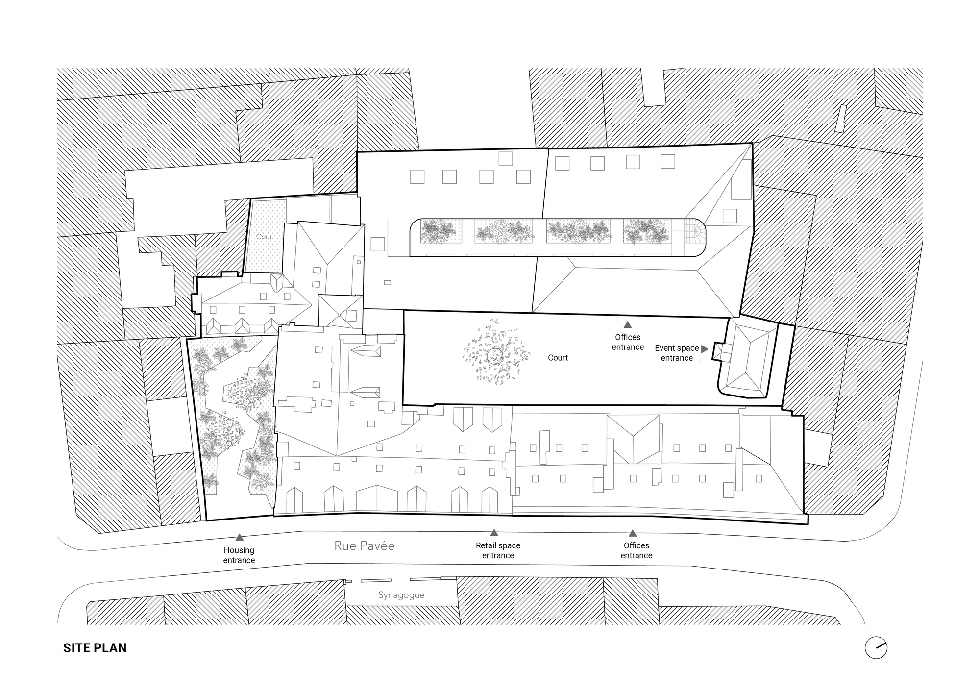 Site plan drawing showing building footprints around a central court and planted roof, with housing, retail and office entrances along the street