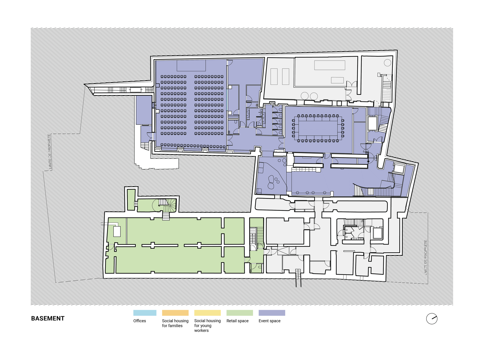 Basement floor plan drawing with color-coded event and retail spaces, showing a large tiered seating hall and a boardroom table layout