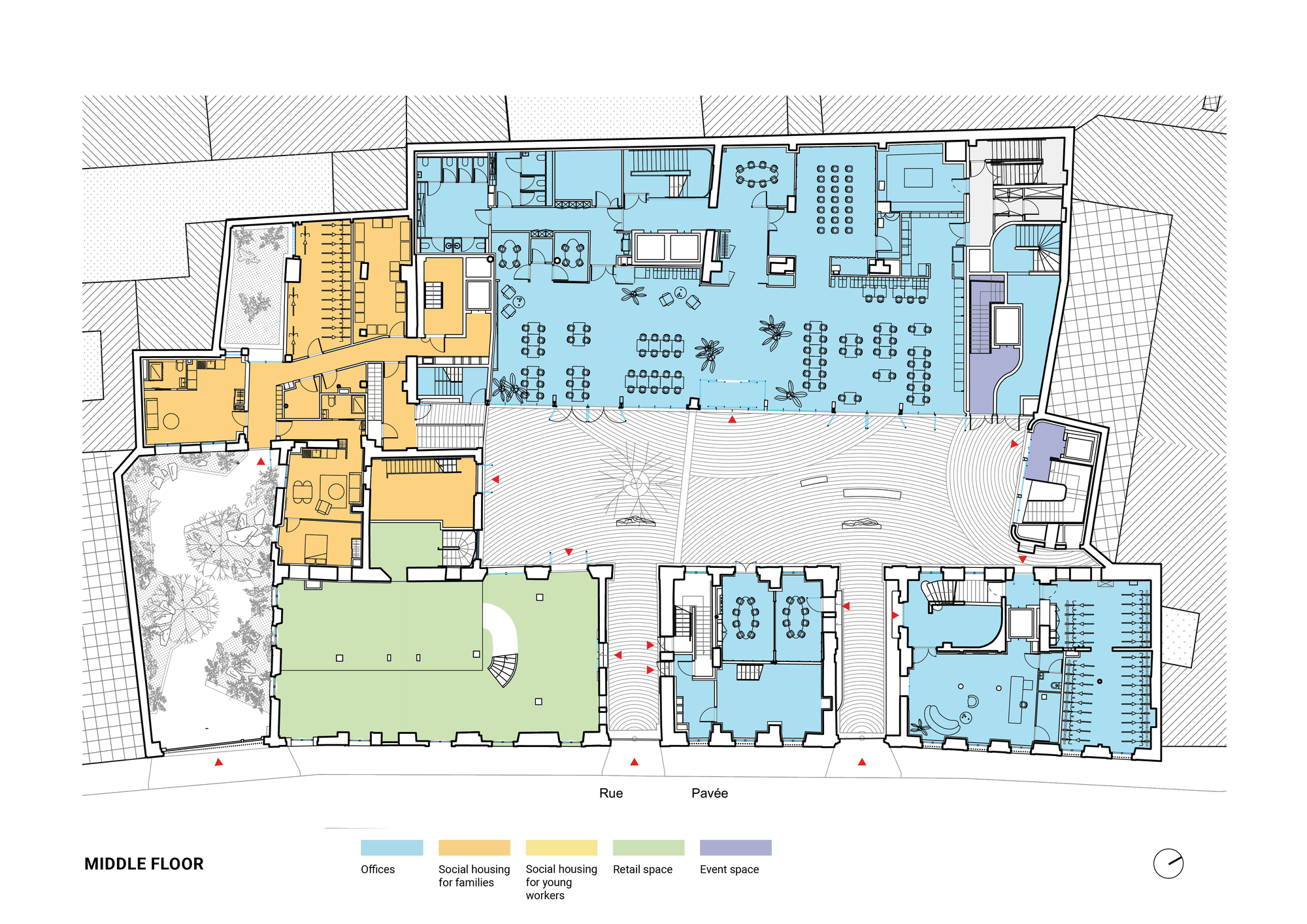 Middle floor plan drawing with offices in blue, housing in orange and an event space around an open courtyard
