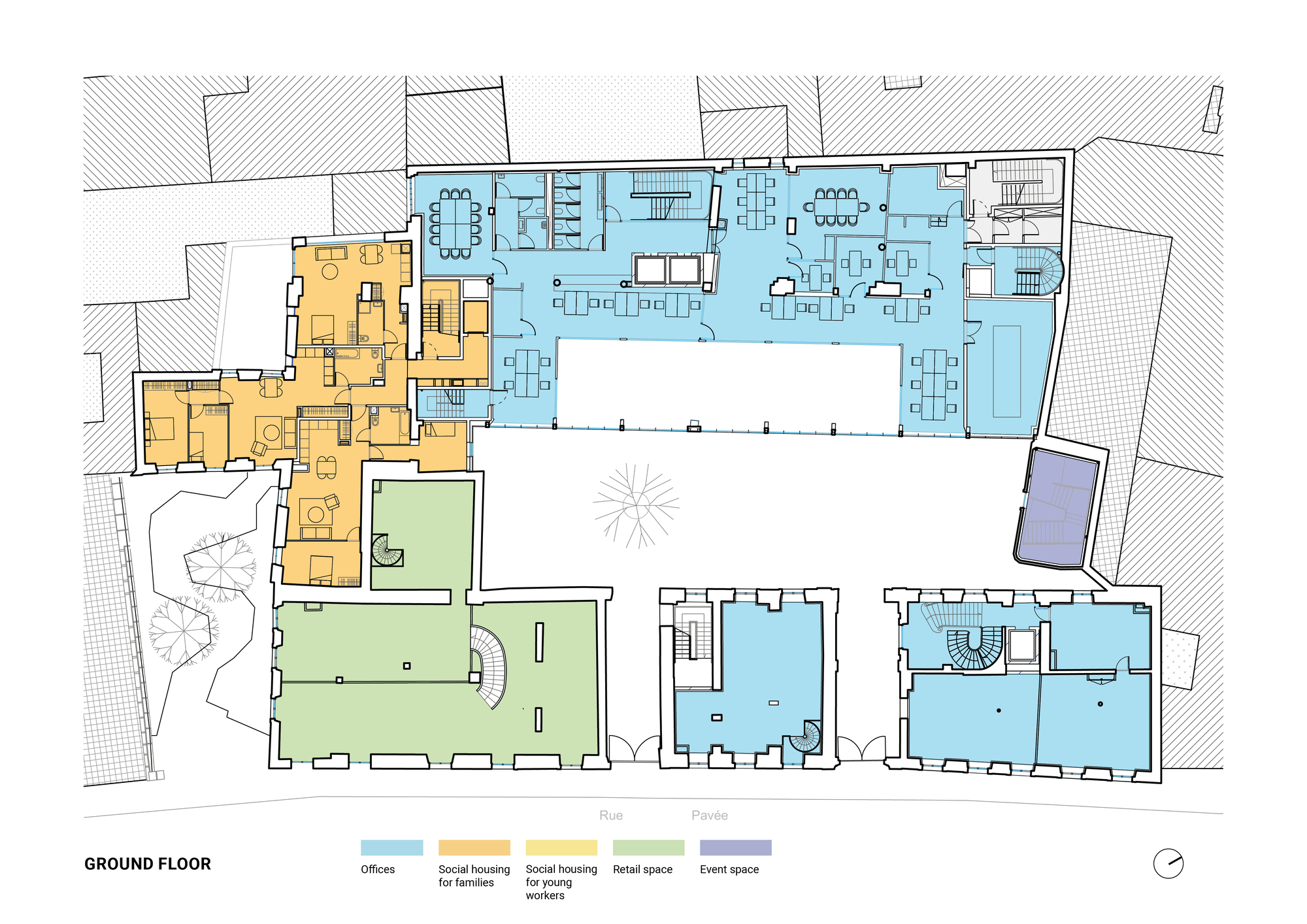 Ground floor plan drawing showing offices, family housing and retail space arranged around a central courtyard with a single tree