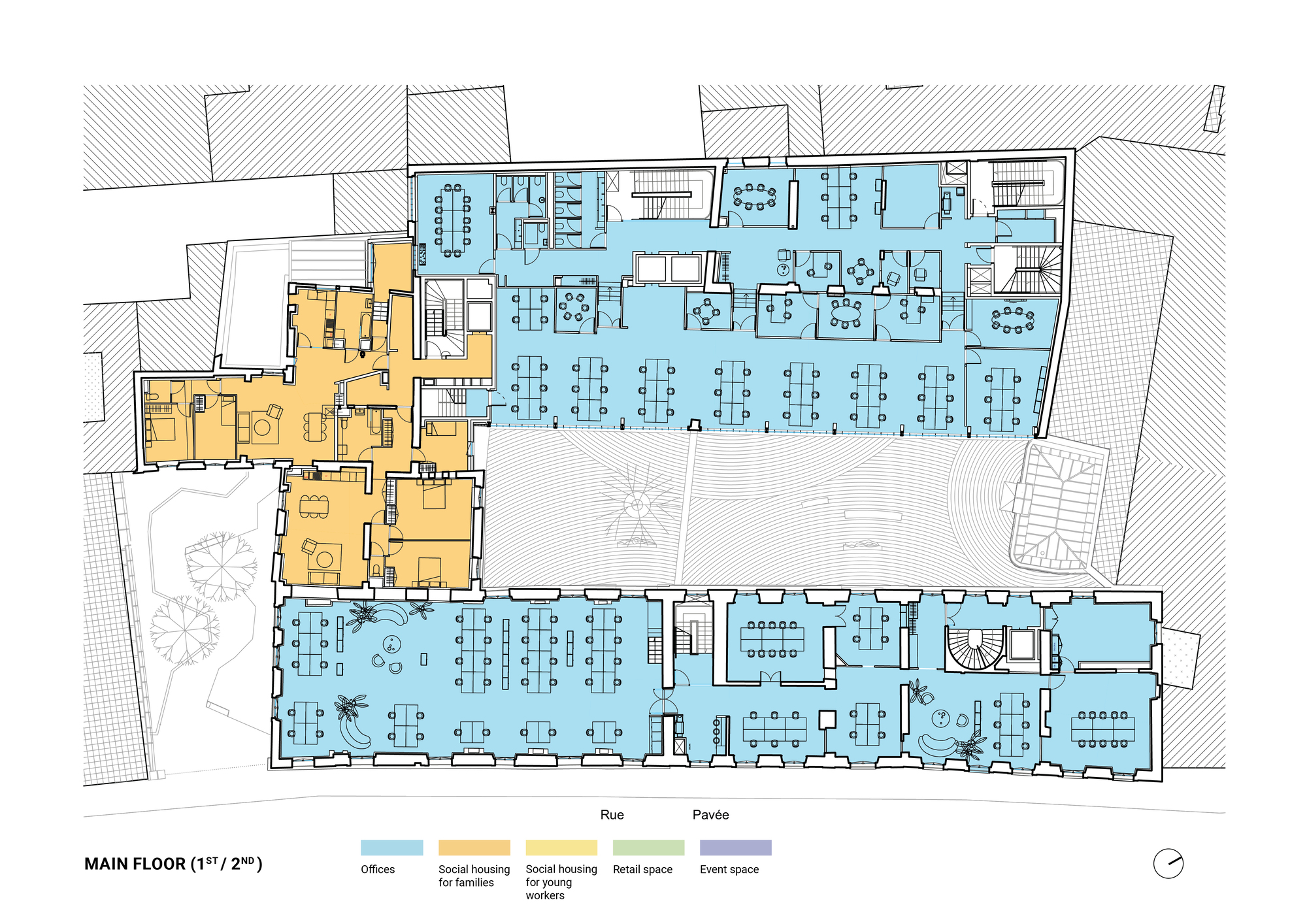 Main floor plan drawing for the first and second levels, with desk-filled office wings and family apartments around the courtyard