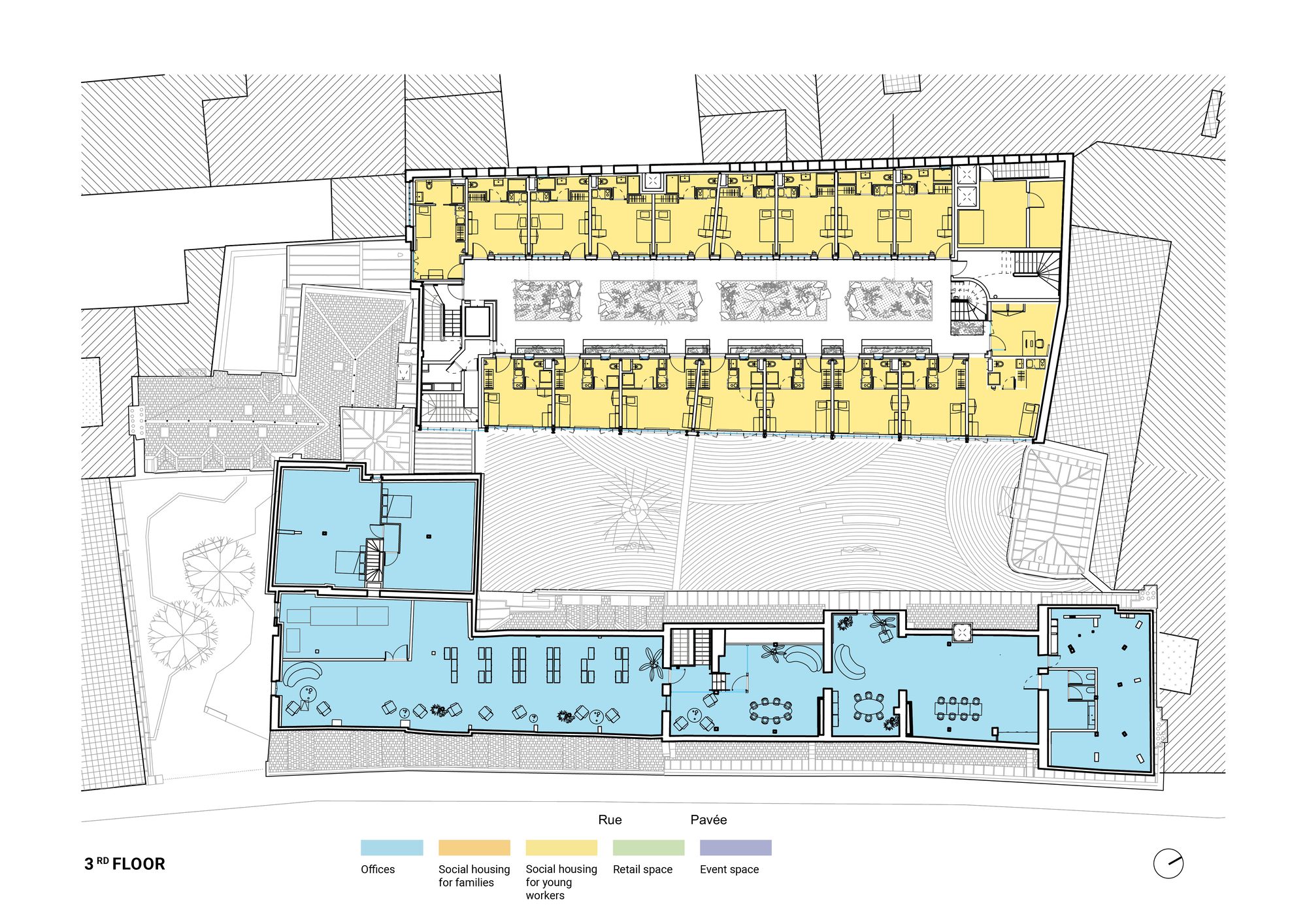 Third floor plan drawing with rows of small yellow housing units flanking a planted void, offices along the street side