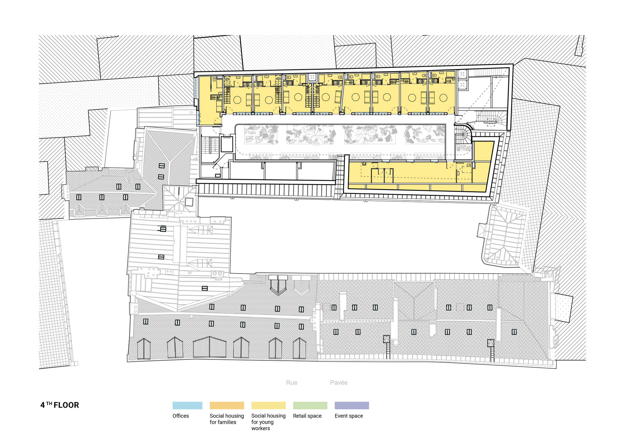 Fourth floor plan drawing showing yellow housing units on the upper edge and hatched roofs of the older buildings below