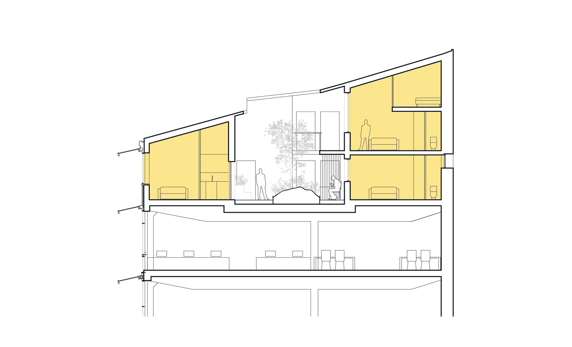 Cross-section drawing of sloped-roof housing units around a planted courtyard with a tree, above two office floors, with figures shown