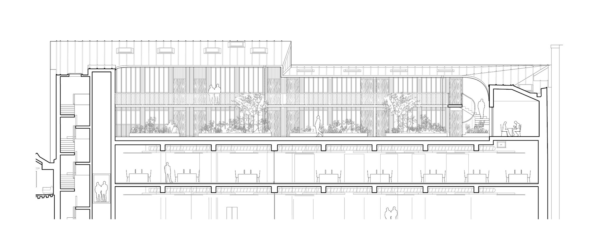 Long section drawing through a planted garden terrace with trees above office floors, a stair core at left and figures at tables