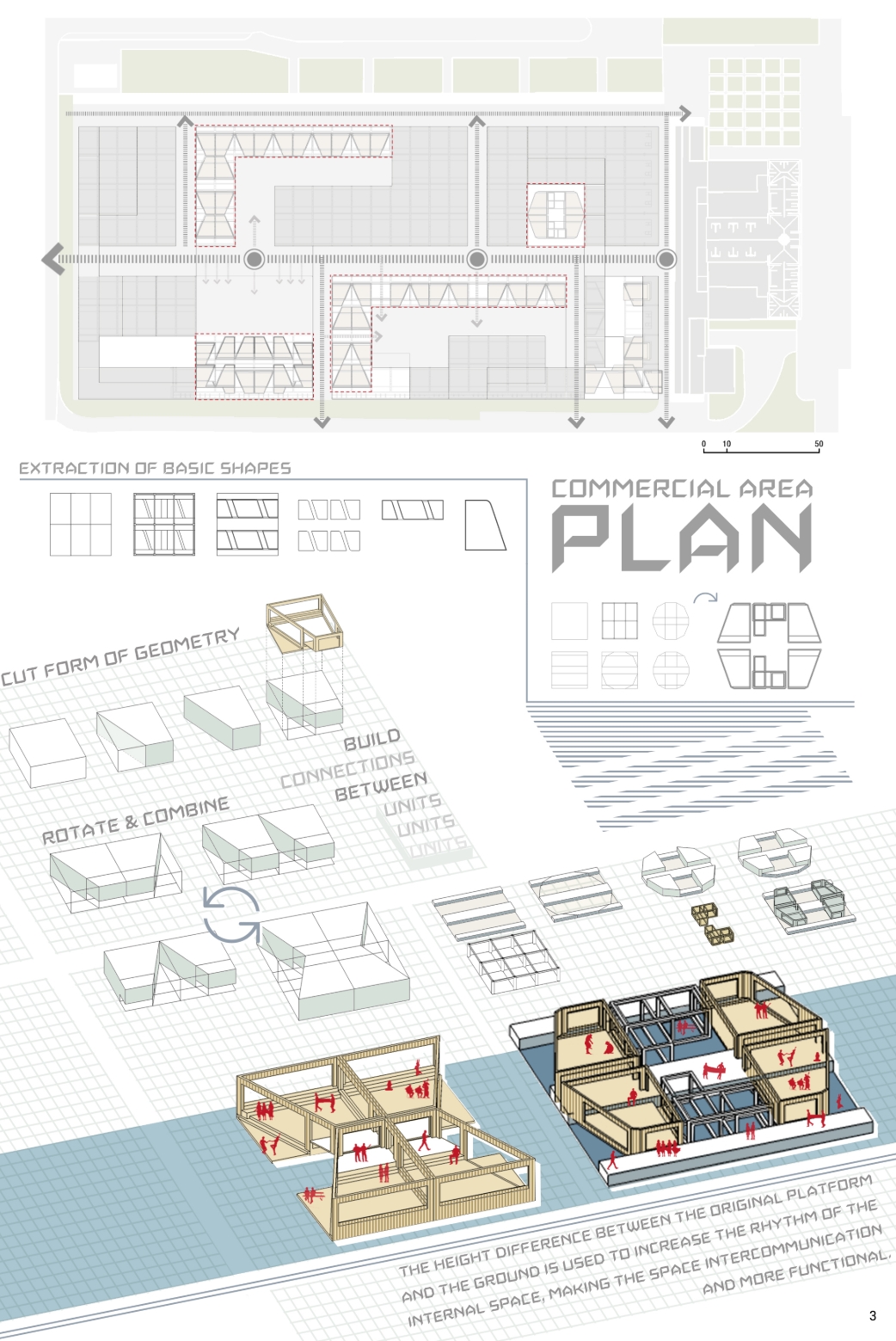 Presentation board with a commercial area site plan above isometric diagrams of cut, rotated and combined timber-framed units with red figures. Image: Mengyang WU, 佳莹 连