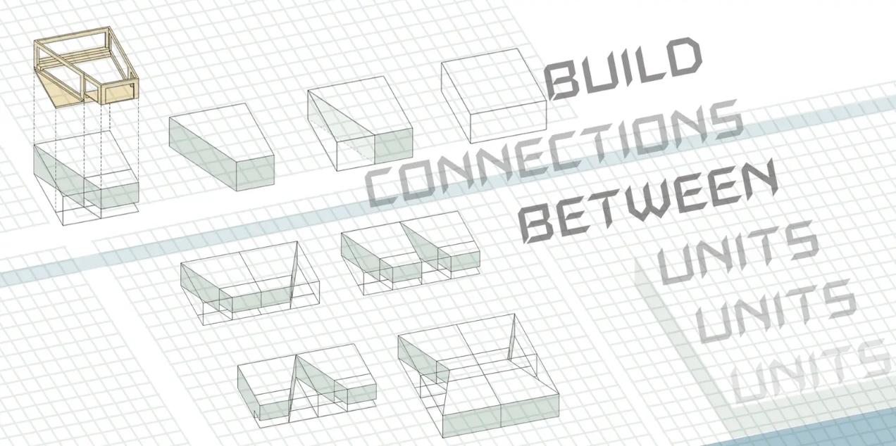 Axonometric diagram series showing box volumes cut and joined into connected units, with one timber-framed unit lifted out on a grid. Image: Mengyang WU, 佳莹 连