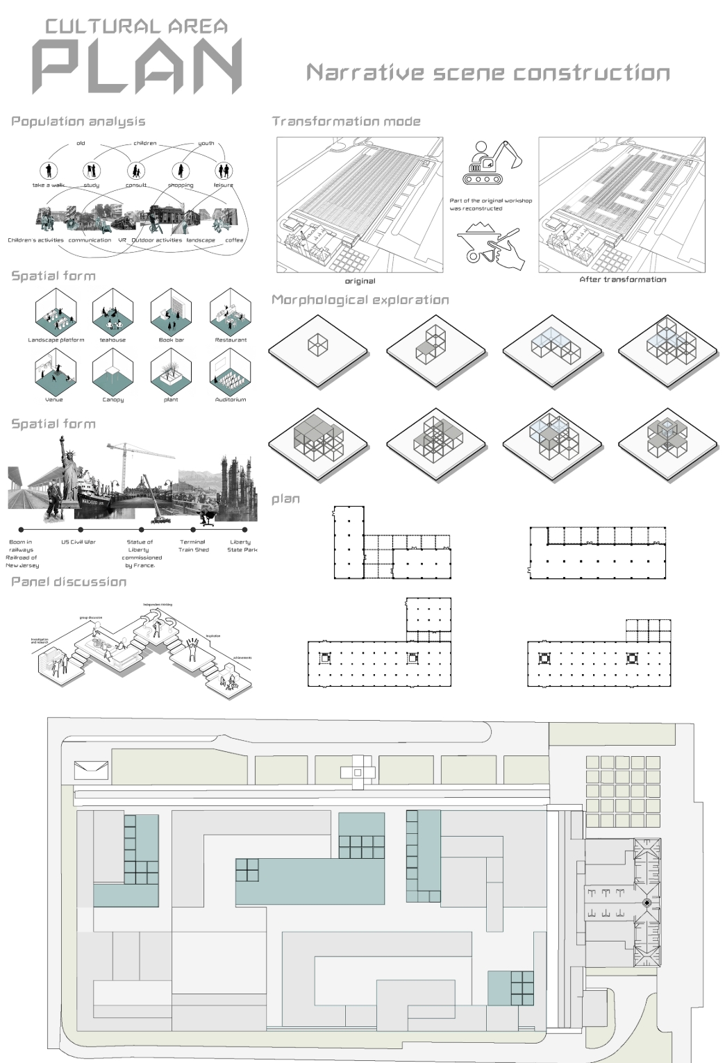Presentation board with a cultural area site plan, spatial form diagrams, cube massing studies and floor plans of the converted long building. Image: Mengyang WU, 佳莹 连
