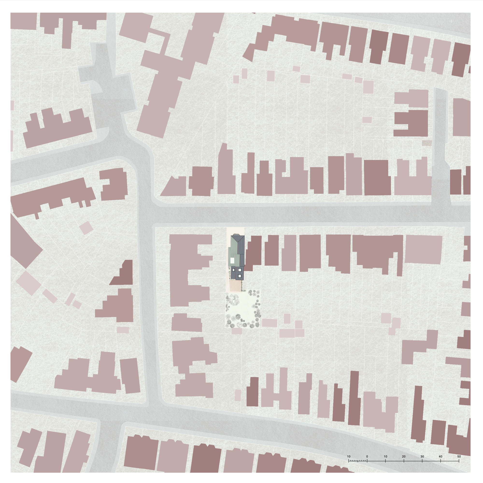 Site plan drawing showing a single narrow plot with a rear garden among rows of terraced houses and surrounding streets