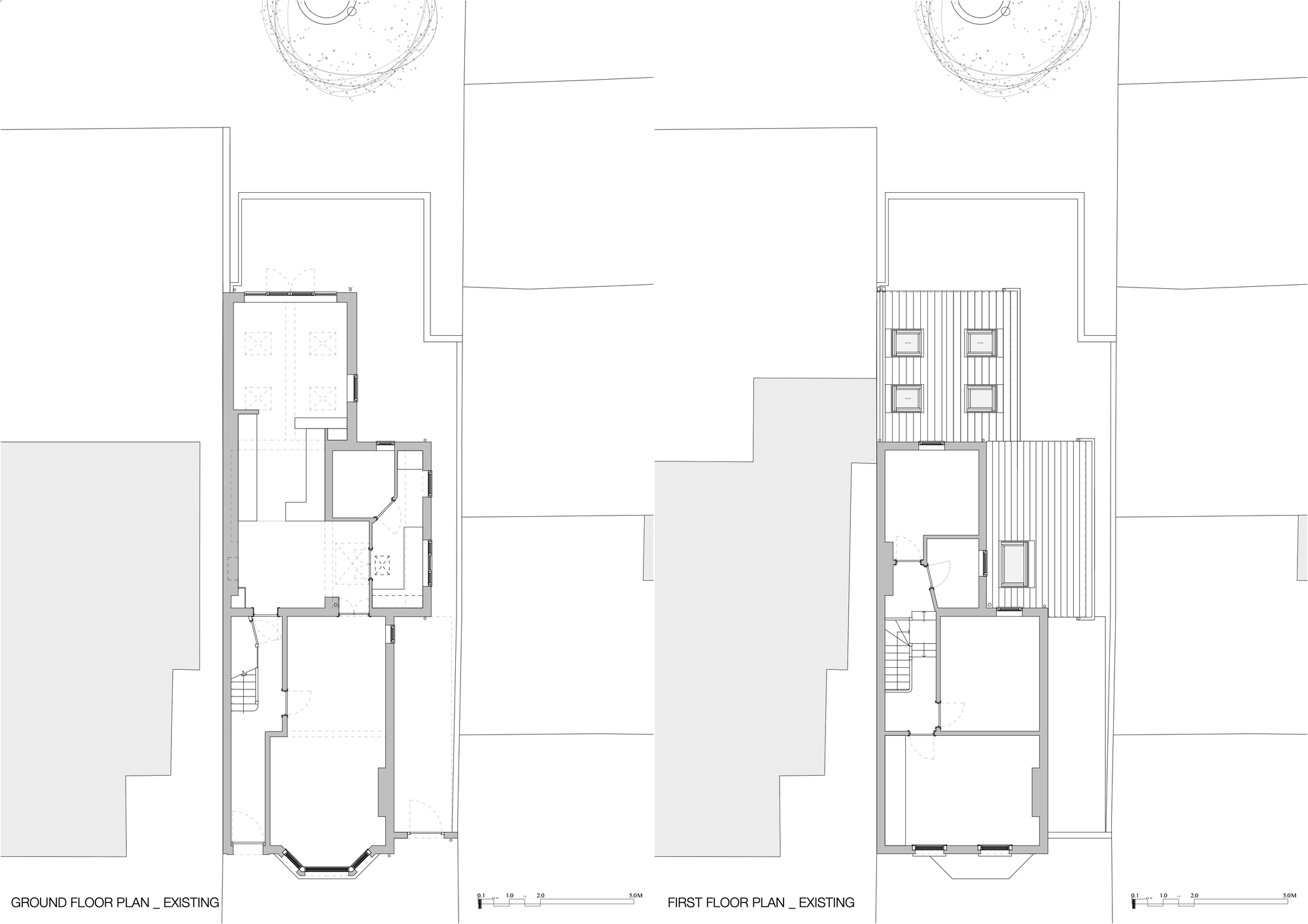 Pair of existing ground floor and first floor plan drawings of a narrow terraced house with a bay window and rear projection