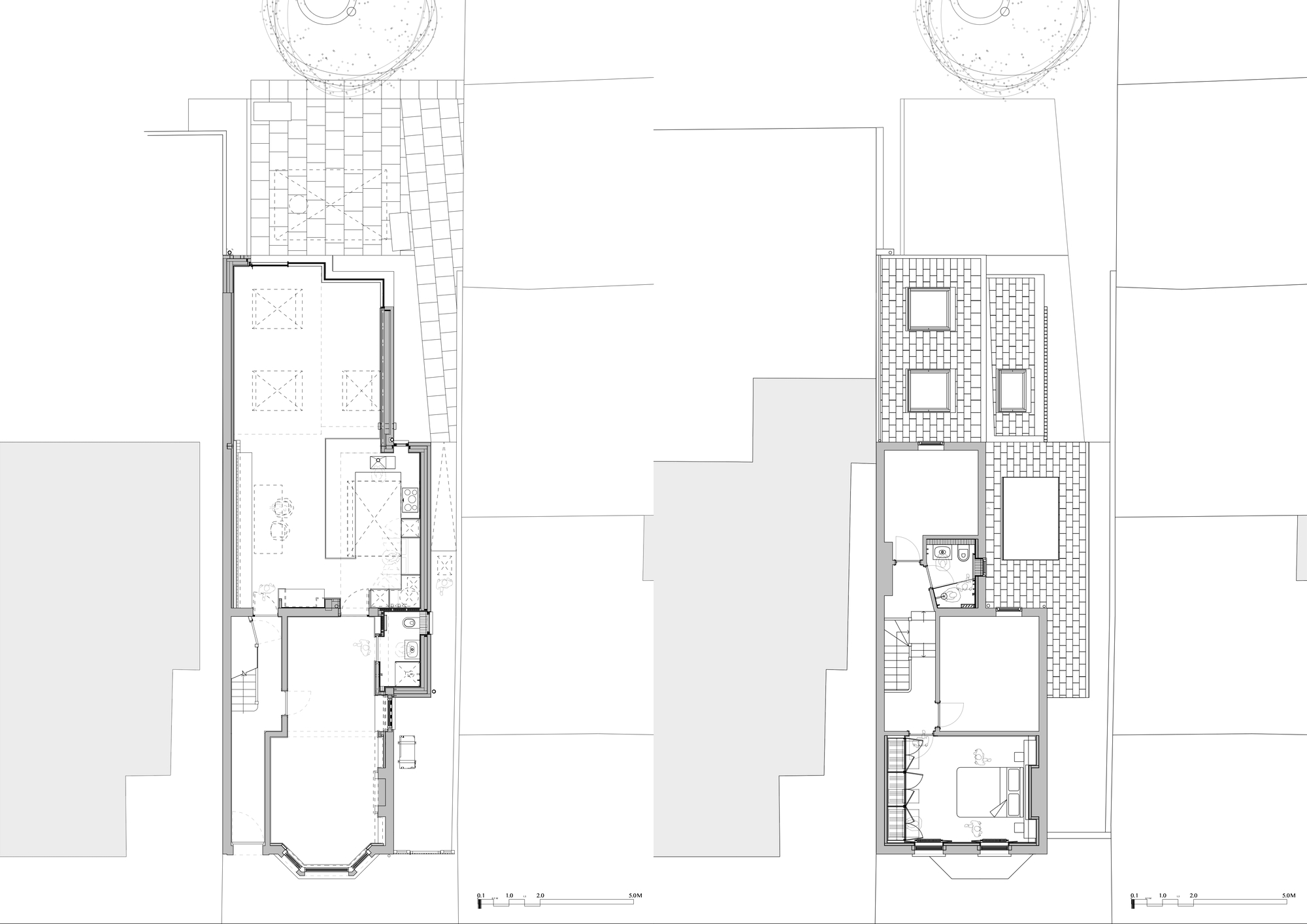 Pair of proposed ground and first floor plan drawings showing an extended open-plan rear ground floor, rooflights, and a paved garden