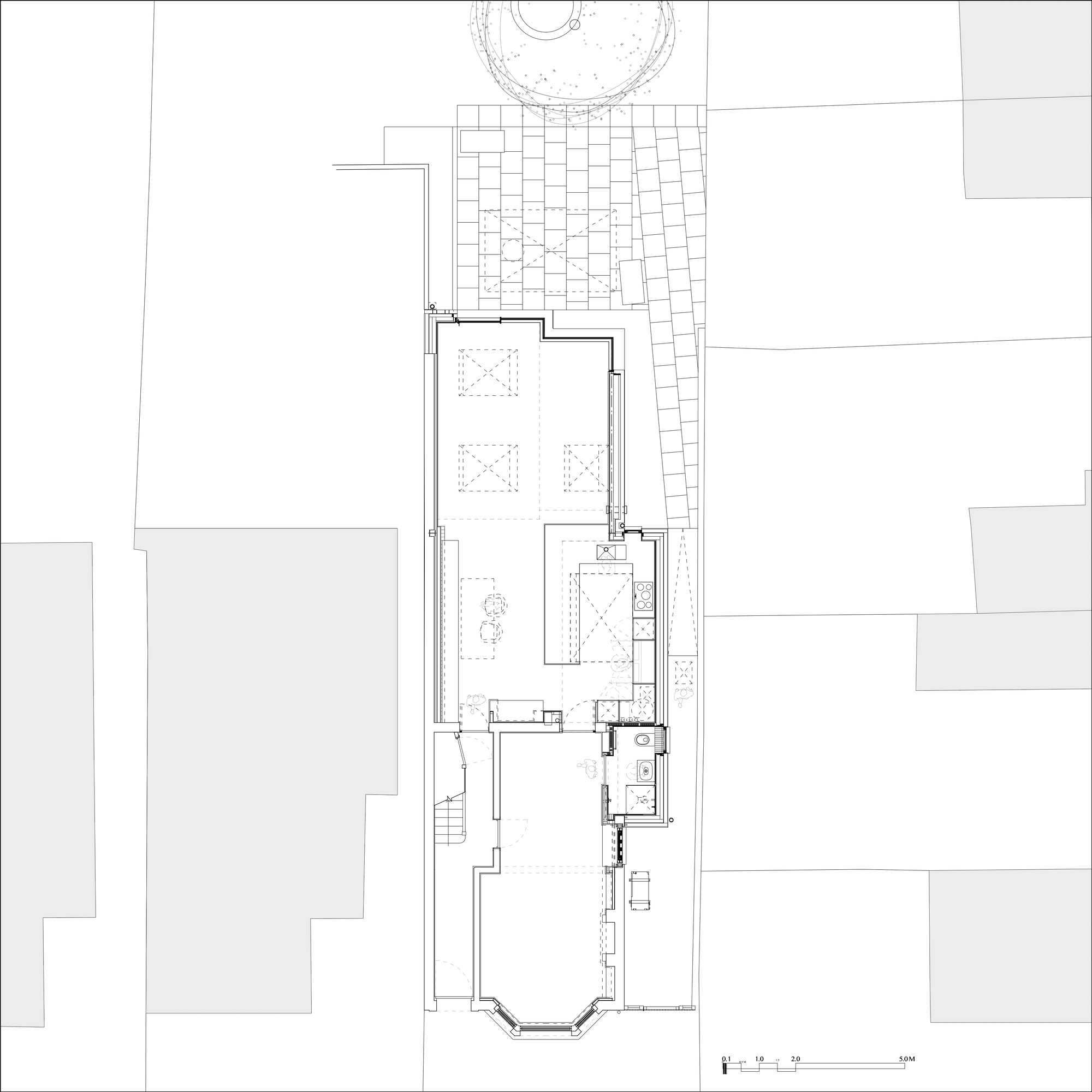 Proposed ground floor plan drawing of the narrow house with open-plan rear extension, kitchen island, rooflights and paved garden leading to a tree