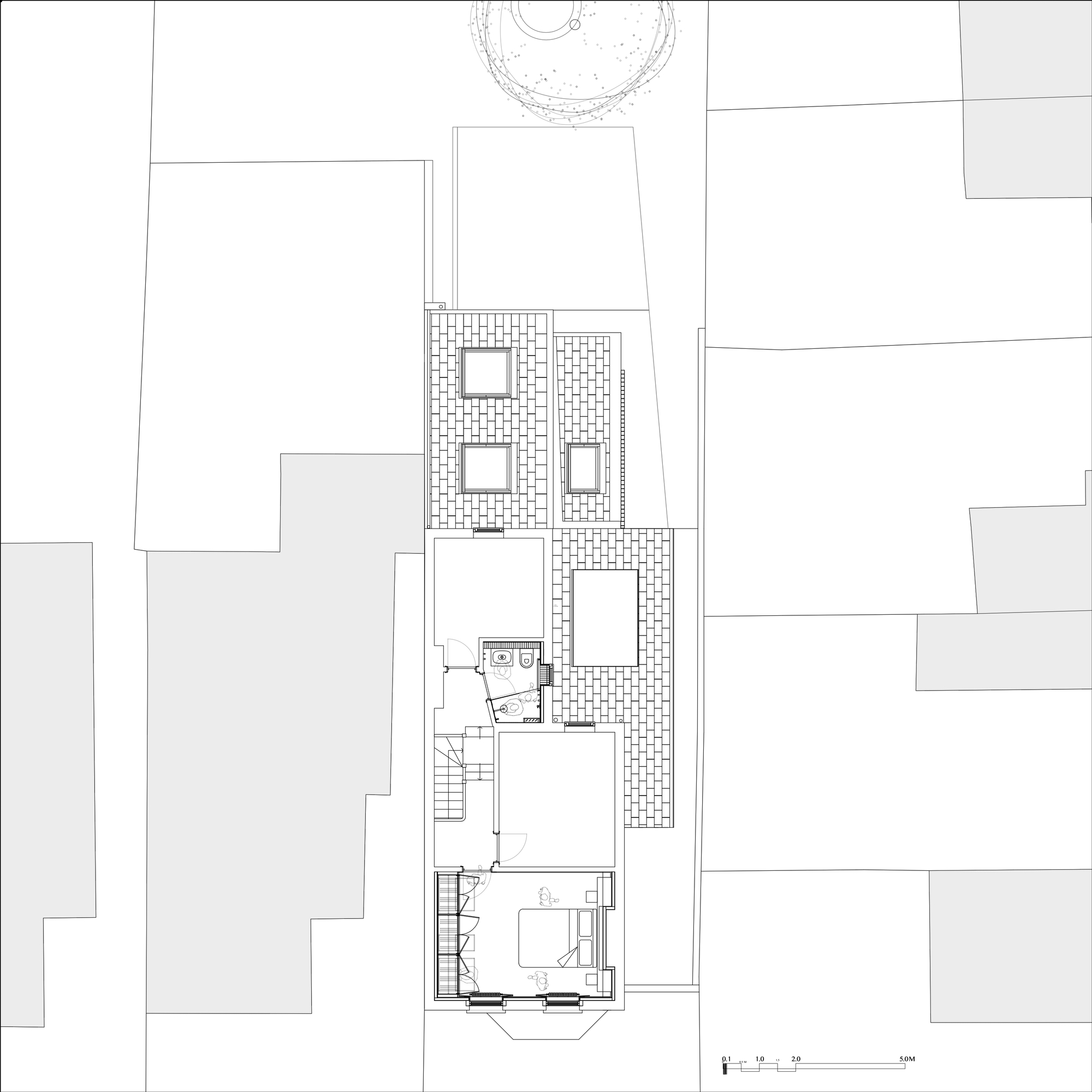 Roof plan drawing of a narrow terraced house showing a tiled rear extension roof with rooflights, bathroom, stair and front bedroom bay
