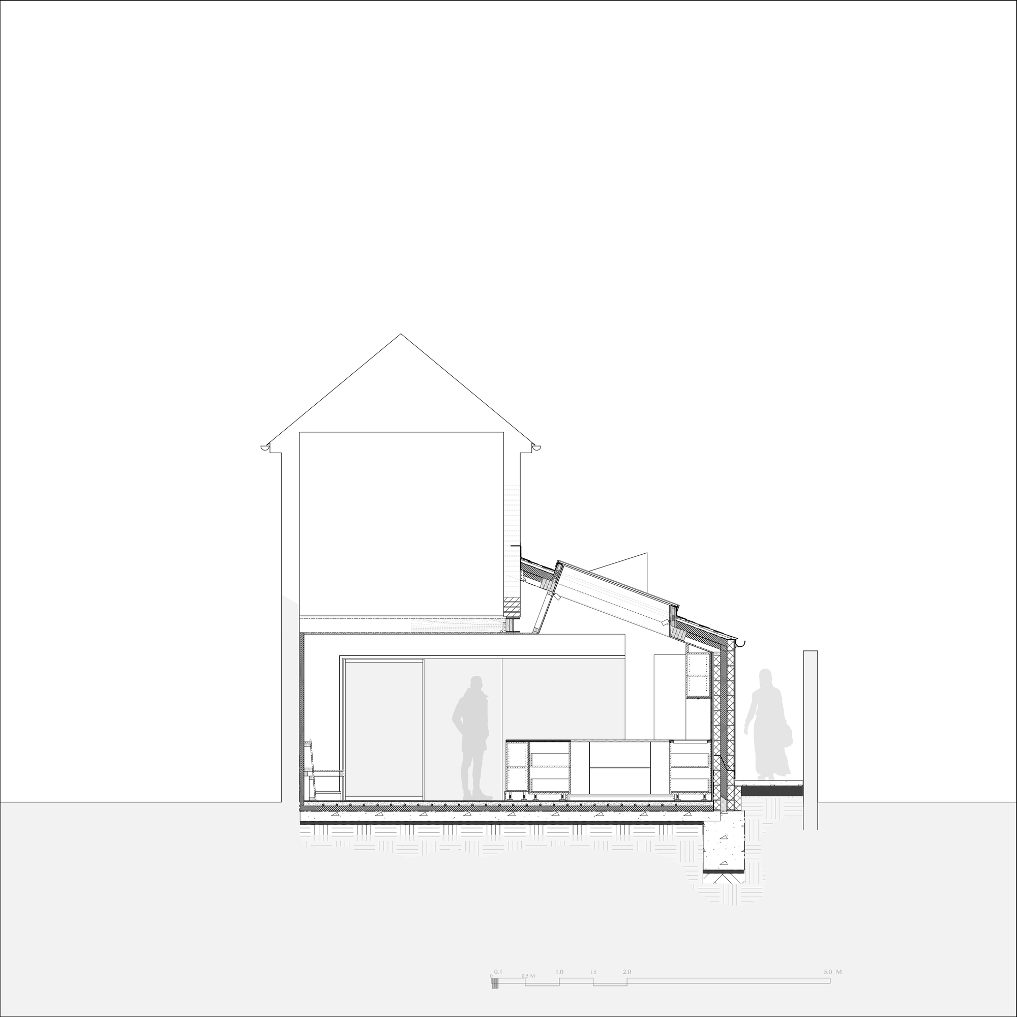 Cross section drawing through the rear extension showing the sloped roof, sliding glazed wall, joinery units and two figures for scale