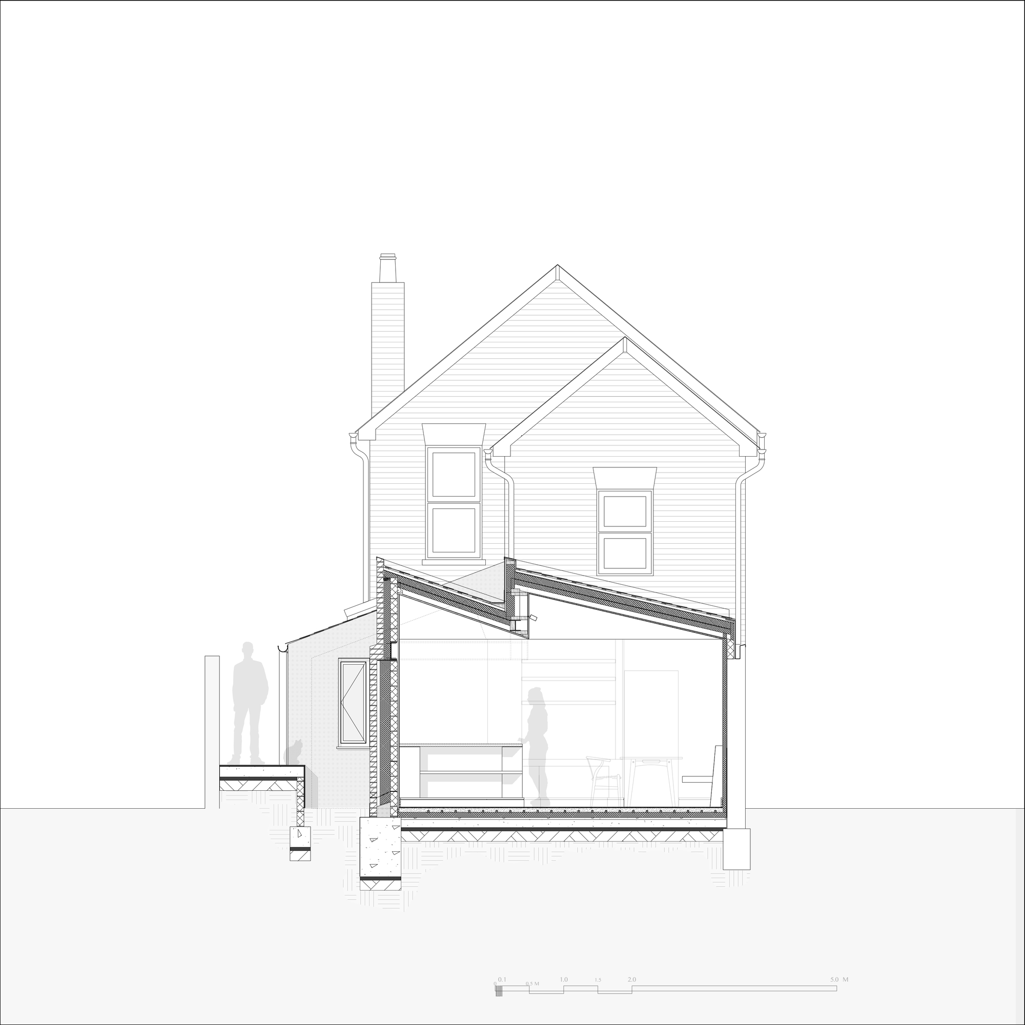 Long section drawing of the gabled house and its rear extension, with stepped sloping roofs, kitchen interior and figures inside and outside