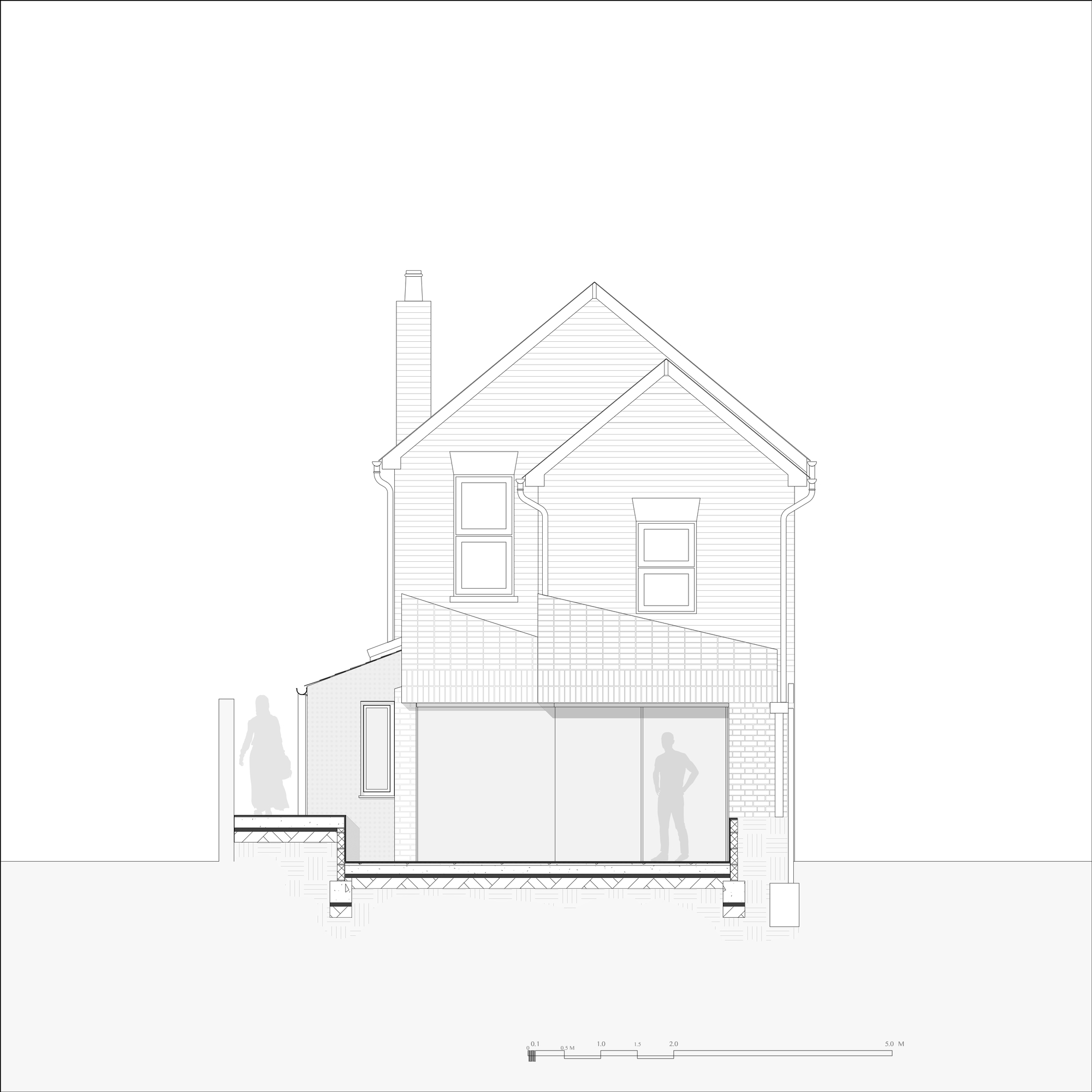 Rear elevation drawing of the gabled house with a tiled, folded roof extension above a wide sliding glass wall and brick piers