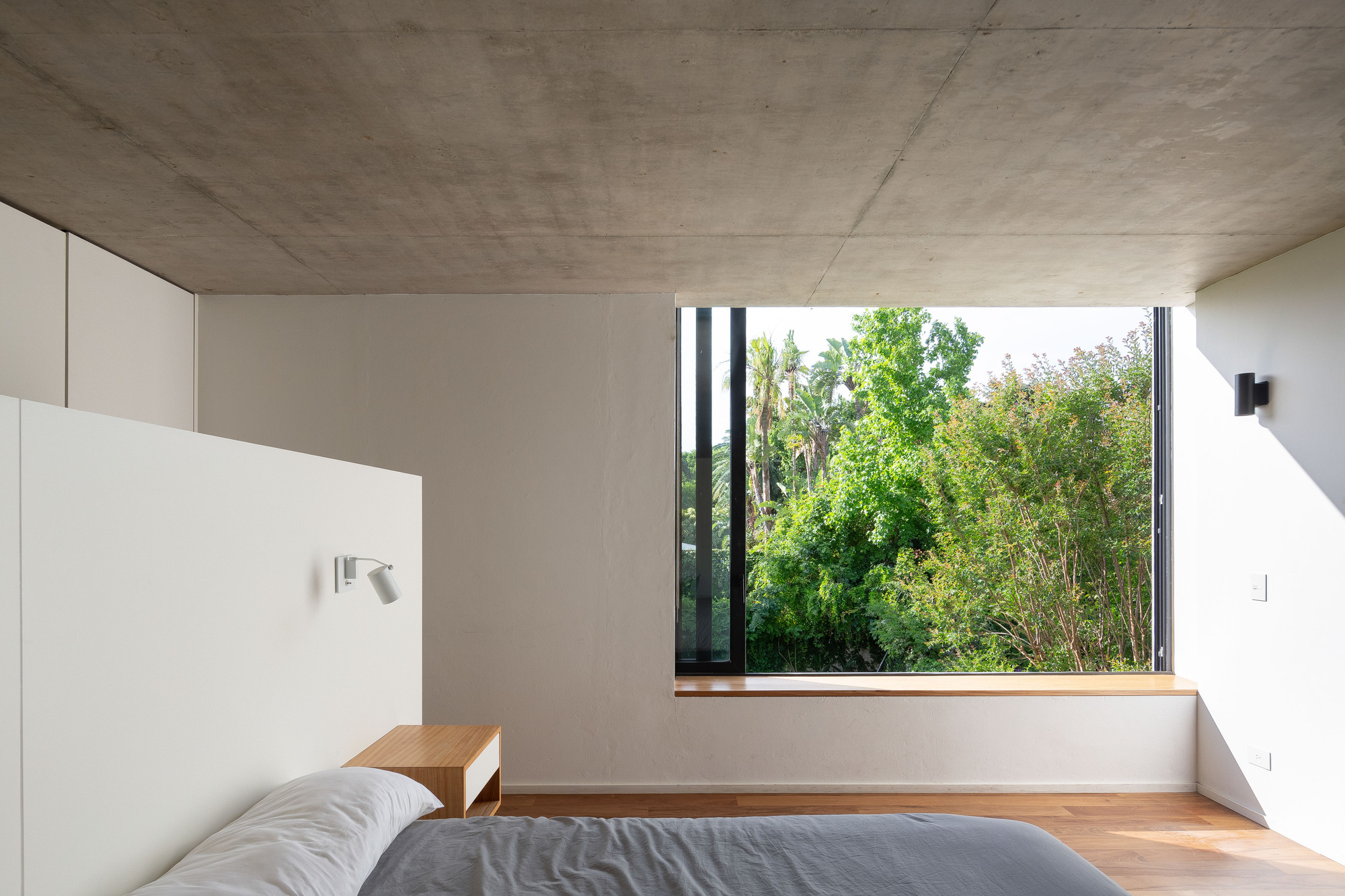 Bed facing a wide square window with a timber sill, framing palms and dense green foliage under a concrete ceiling