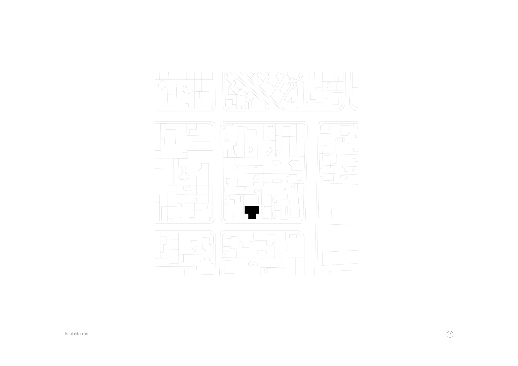 Site plan drawing showing the black house footprint within a pale grid of surrounding city blocks and streets