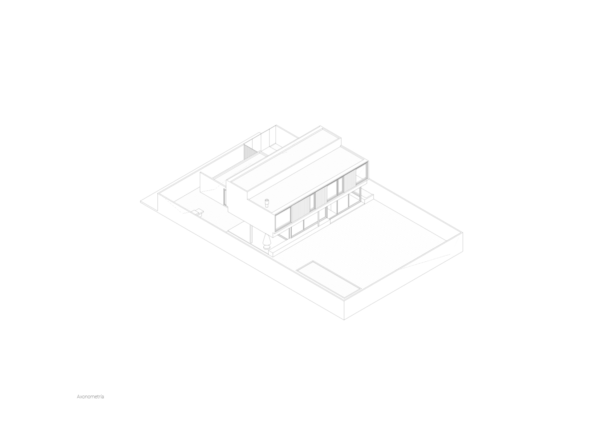 Axonometric drawing of a two-storey house on a walled lot, with a rectangular pool and open lawn beside the glazed upper volume
