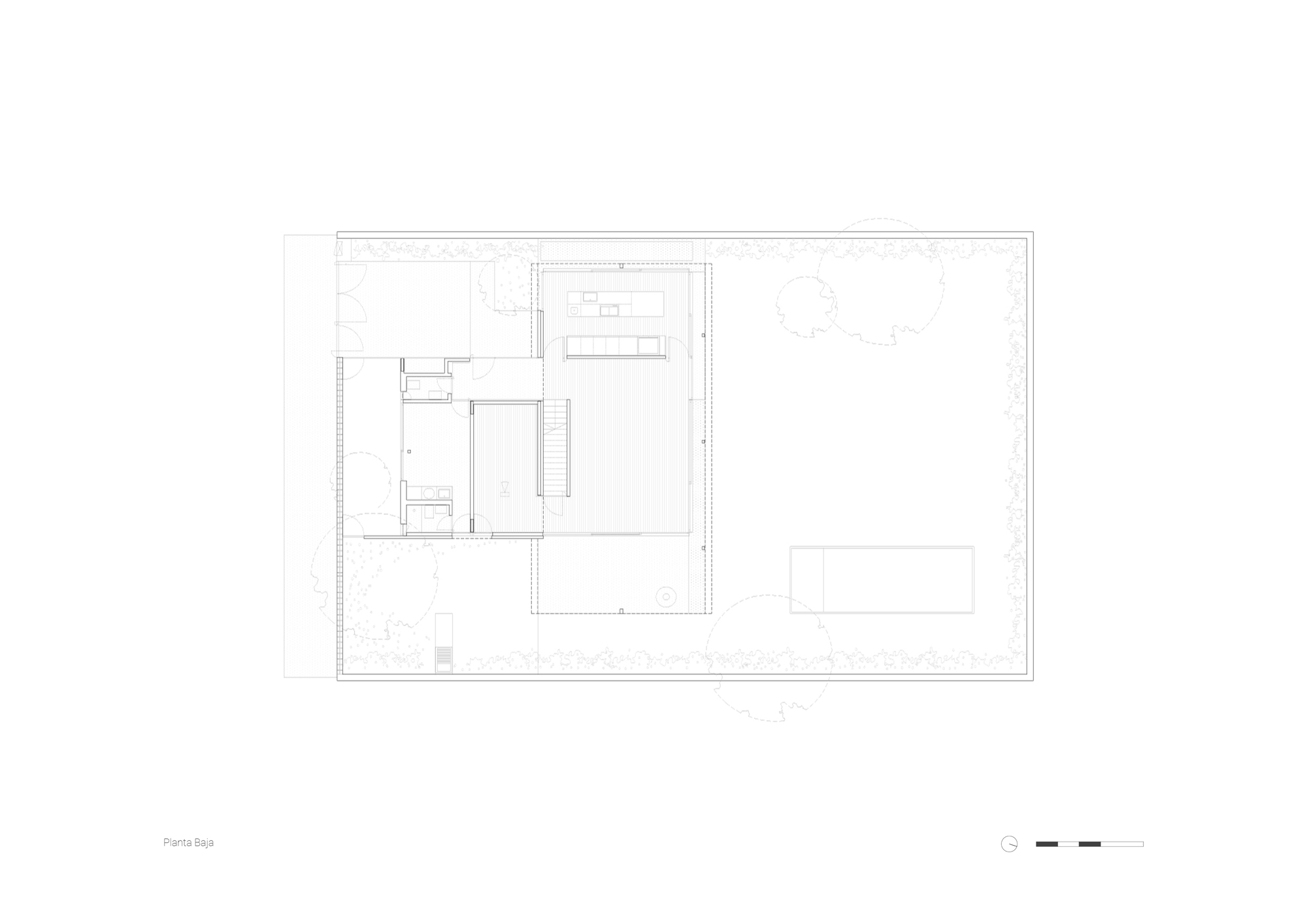 Ground floor plan drawing showing the main living volume, a service wing, a rectangular pool and tree canopies across the walled garden