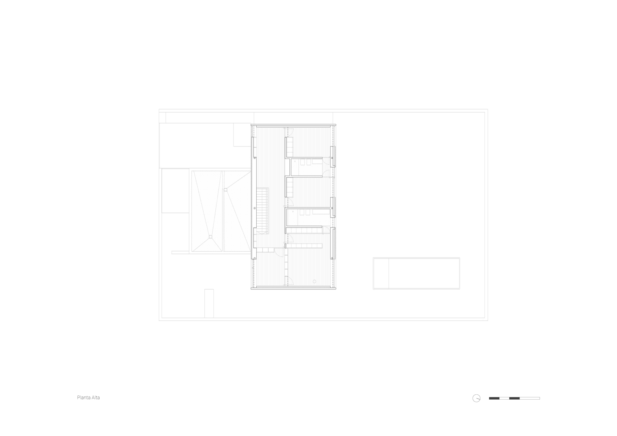 Upper floor plan drawing showing a long rectangular volume with a stair, a row of bedrooms and the pool outline below