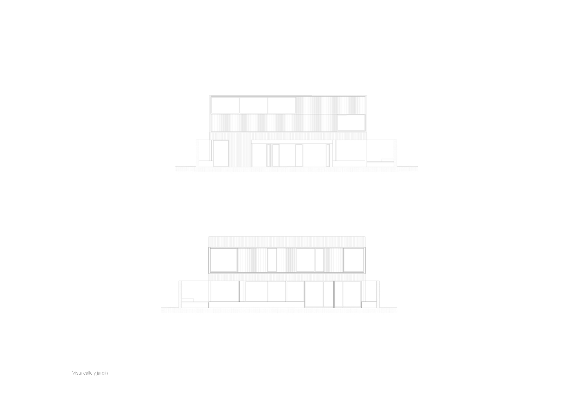 Two elevation drawings, street and garden sides, showing a glazed upper band over a ground floor with large sliding doors