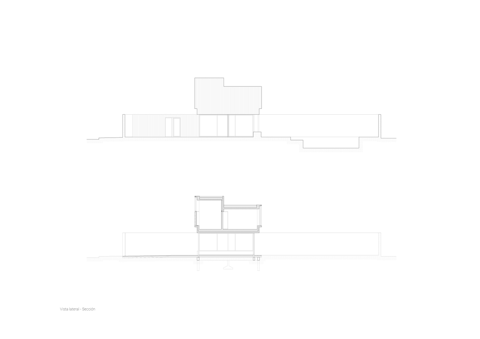 Side elevation drawing above a cross section drawing, showing the stacked two-storey volume set low inside a long boundary wall