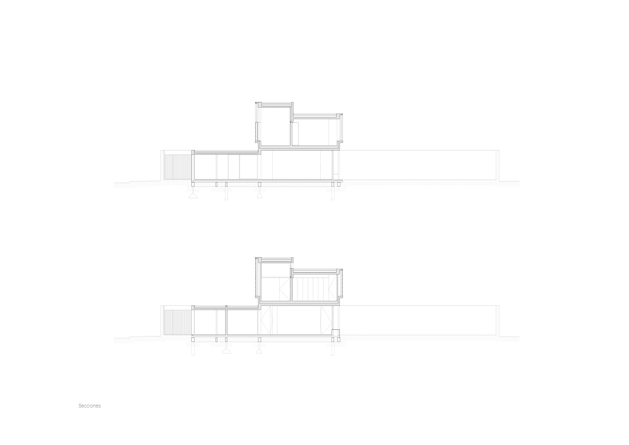 Two longitudinal section drawings showing the stepped two-storey volume, the stair, the slab construction and the raised ground floor on piers