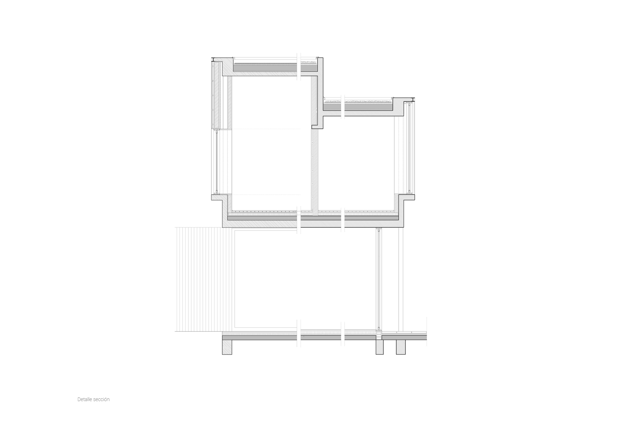 Detail section drawing of a stepped two-level volume, showing slab edges, wall layers, glazing and a slatted screen at left