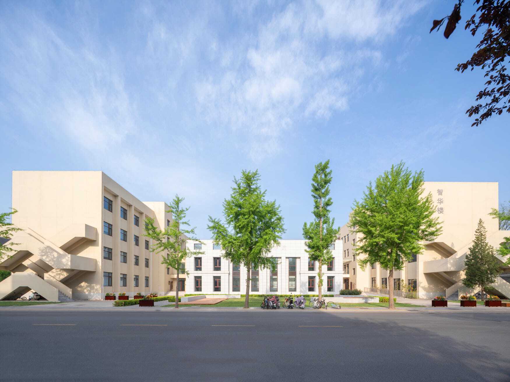 Courtyard facade of pale stone wings with exterior stairs, framed by ginkgo trees and parked bicycles under a blue sky