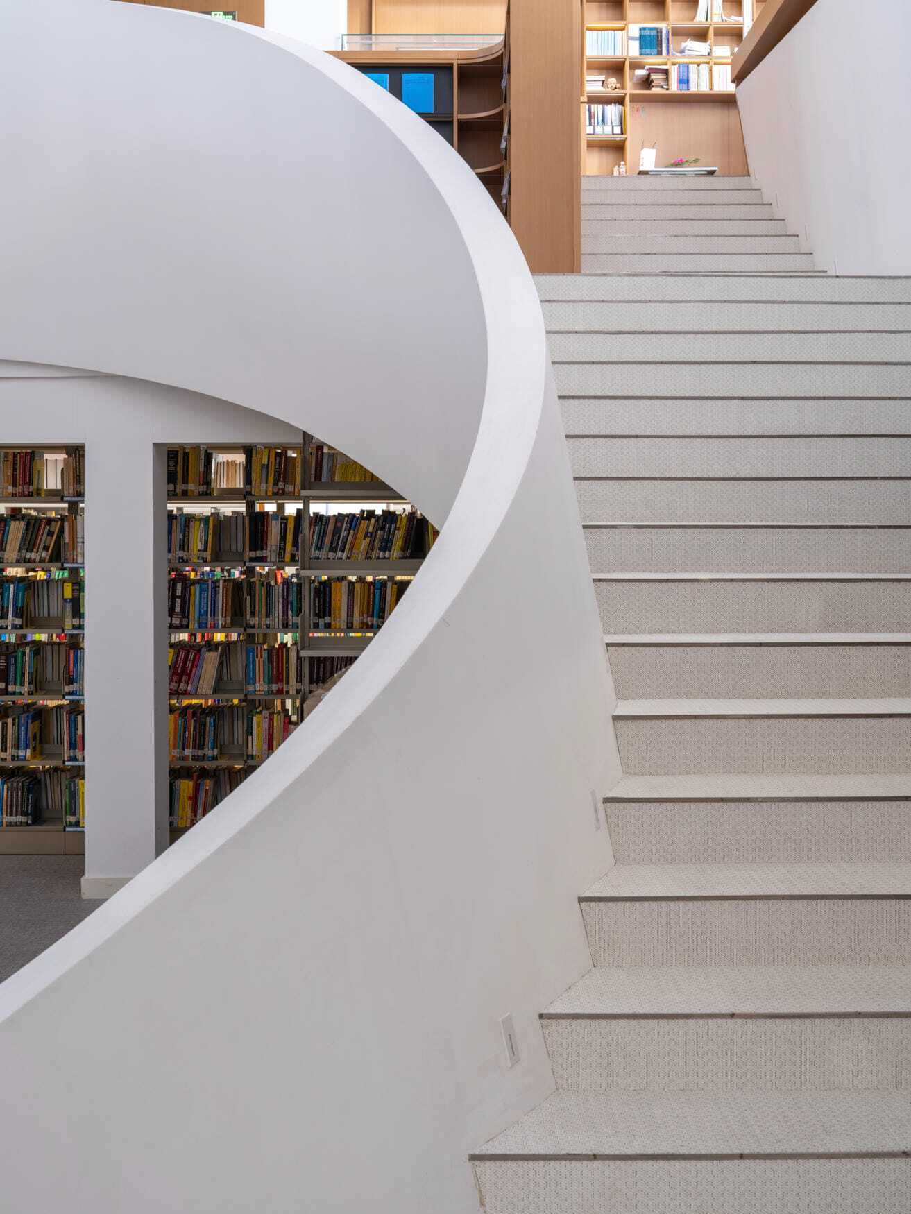 Curved white stair wall beside carpeted steps, with library stacks and timber shelving visible through the opening