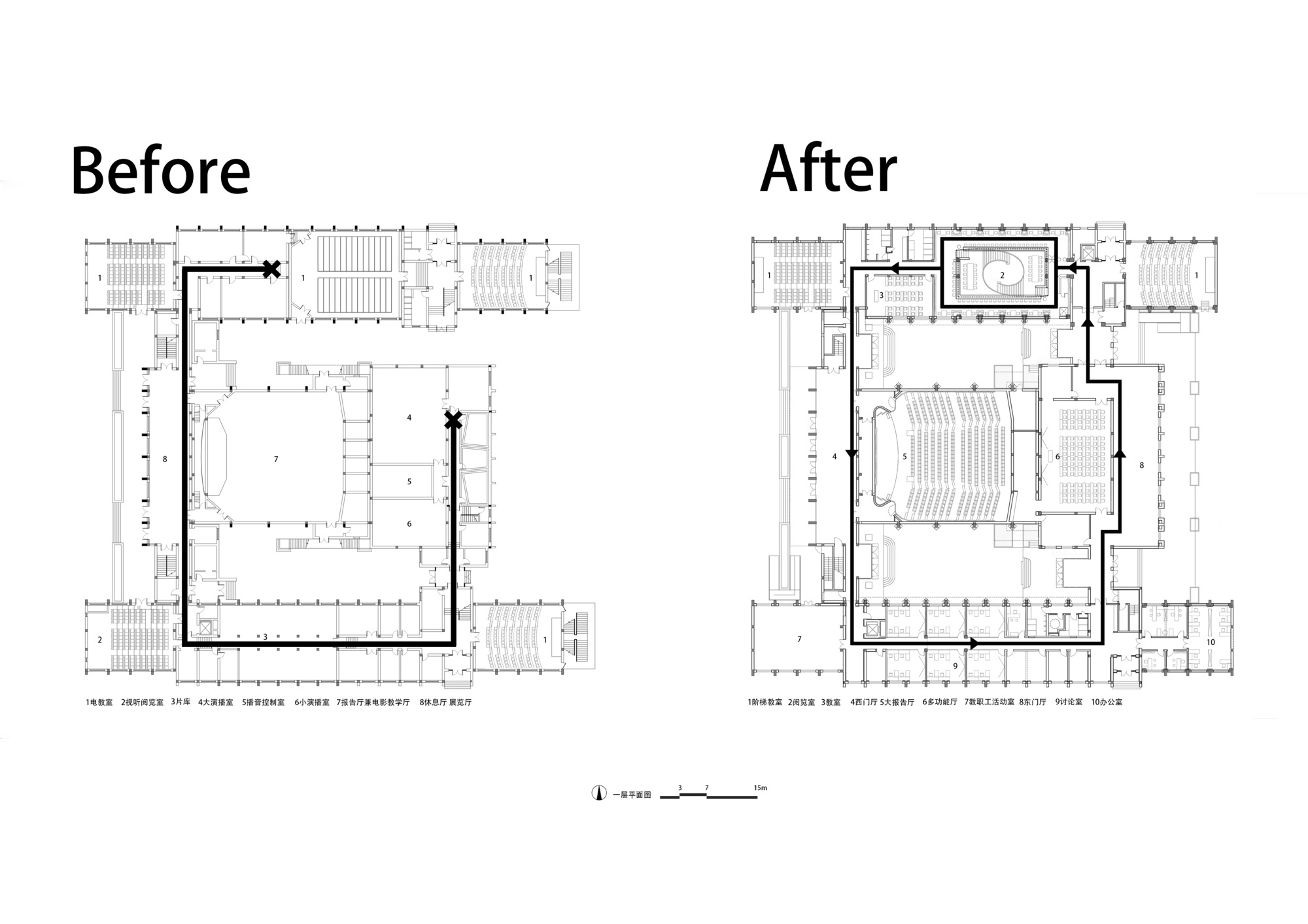 Before and after floor plan drawings of an auditorium building, with bold lines tracing circulation routes around the central hall