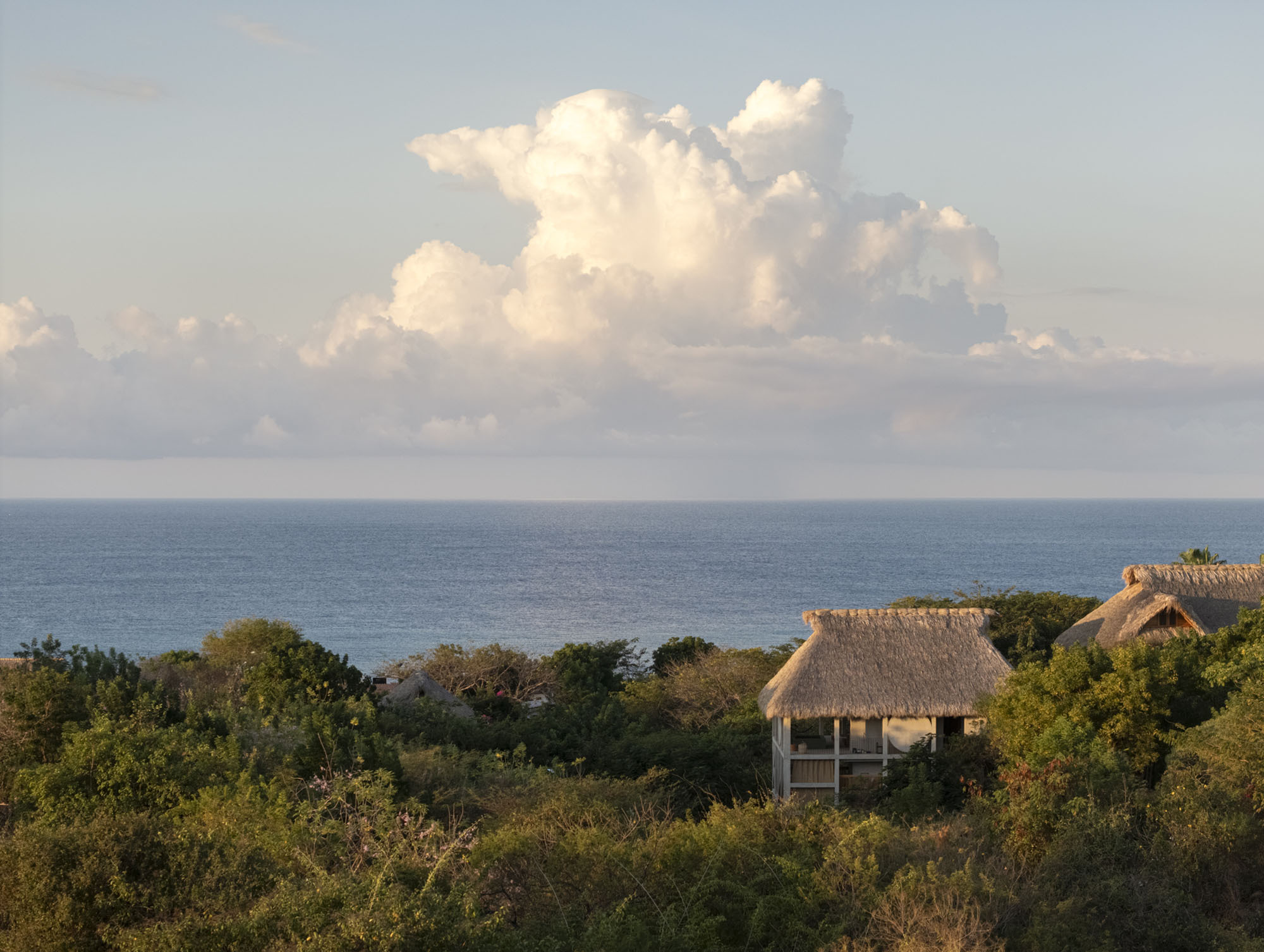 Thatched-roof pavilion among dense coastal scrub, with the ocean and a towering cumulus cloud in warm evening light