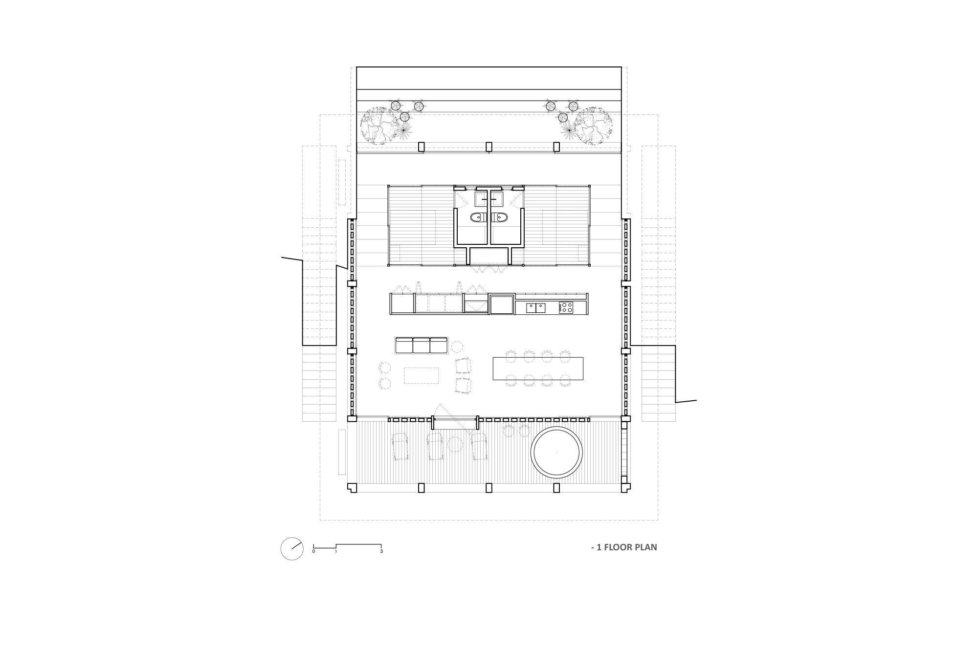 Lower basement floor plan drawing showing a central kitchen, lounge and long dining table, with a round pool on the terrace