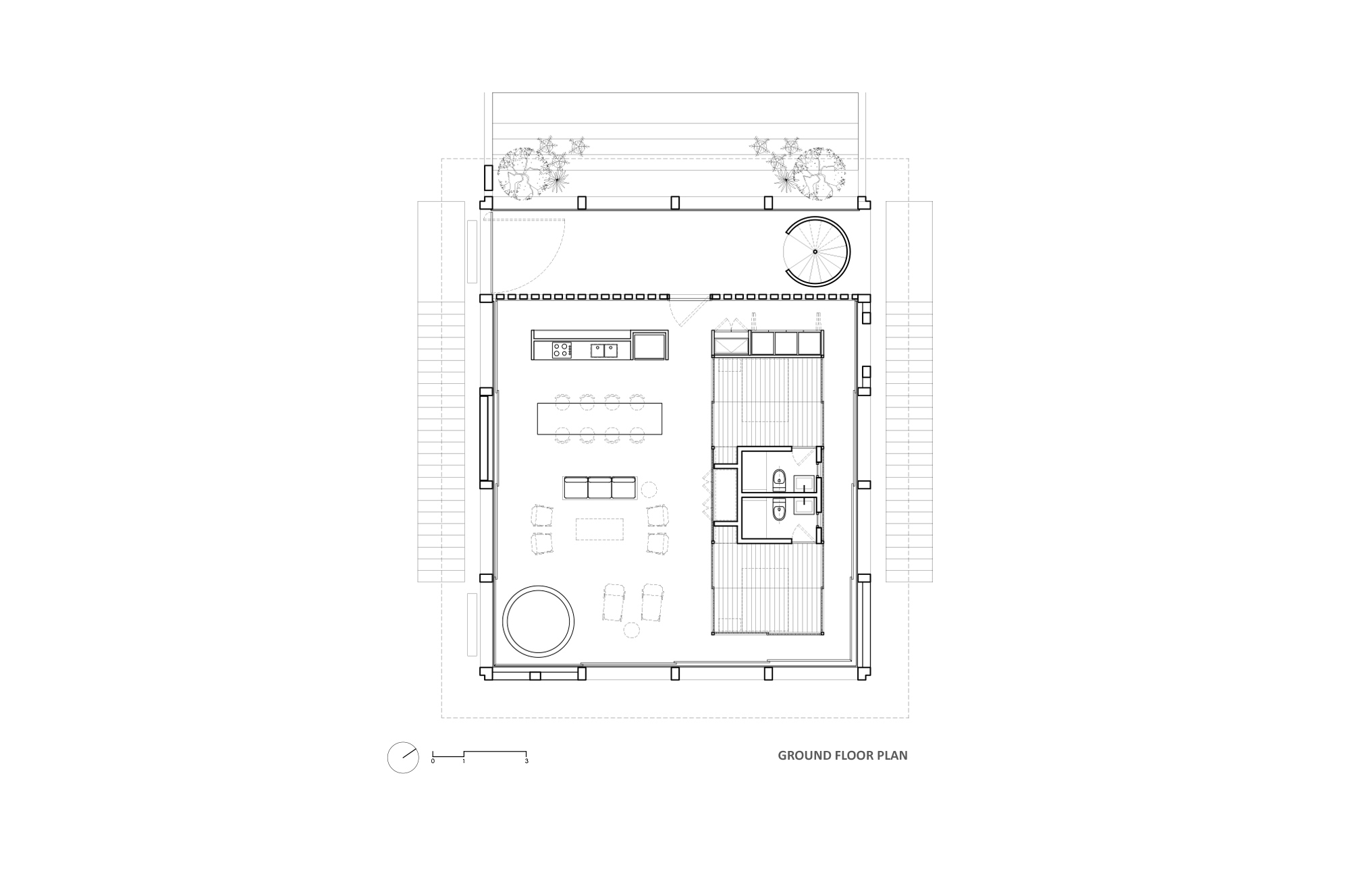 Ground floor plan drawing showing an open living and dining space, a service core with bathrooms, and a spiral stair beside planted trees