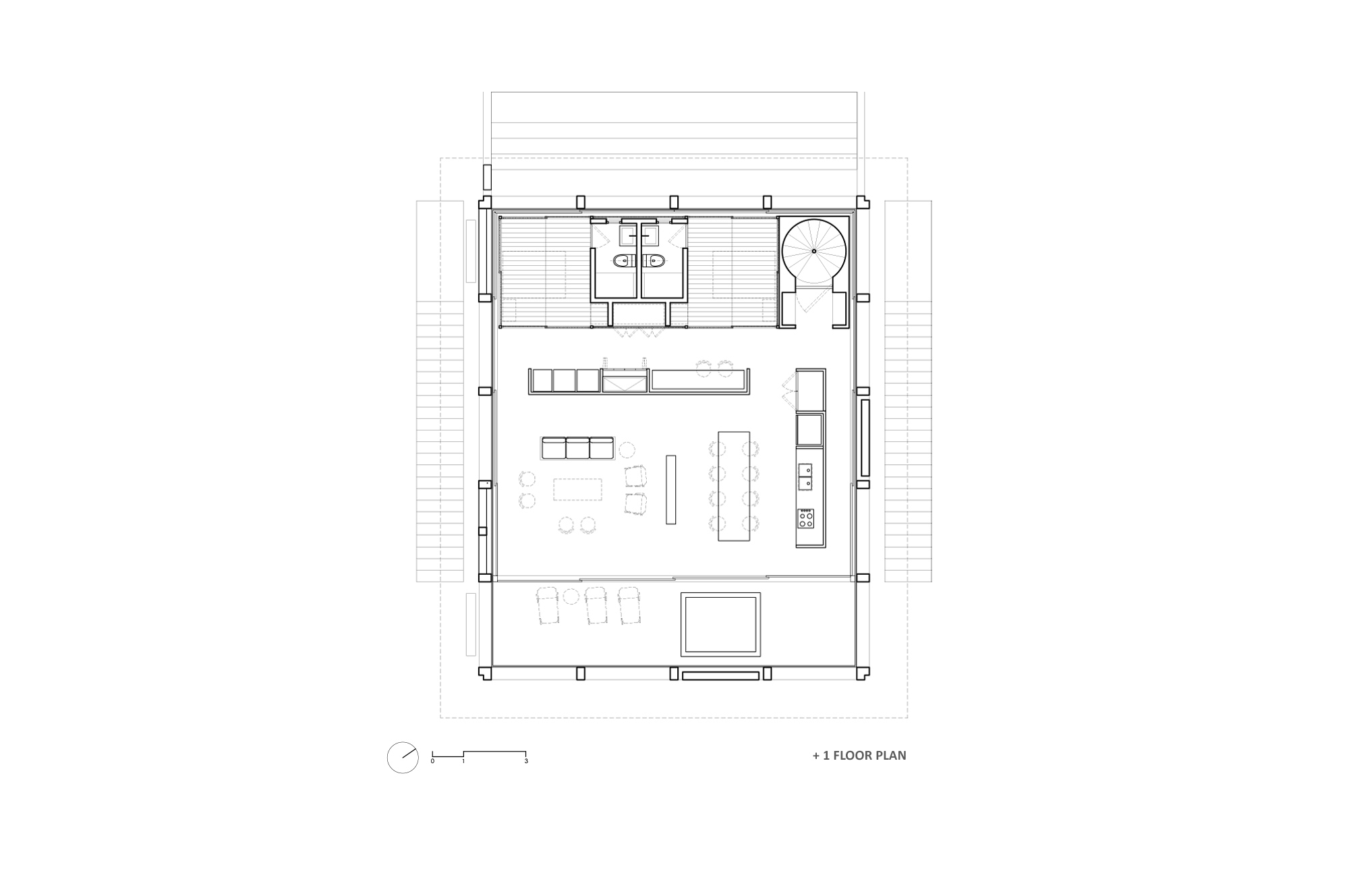 Upper floor plan drawing showing kitchen counters, dining table and lounge seating, with bathrooms and a spiral stair at the rear
