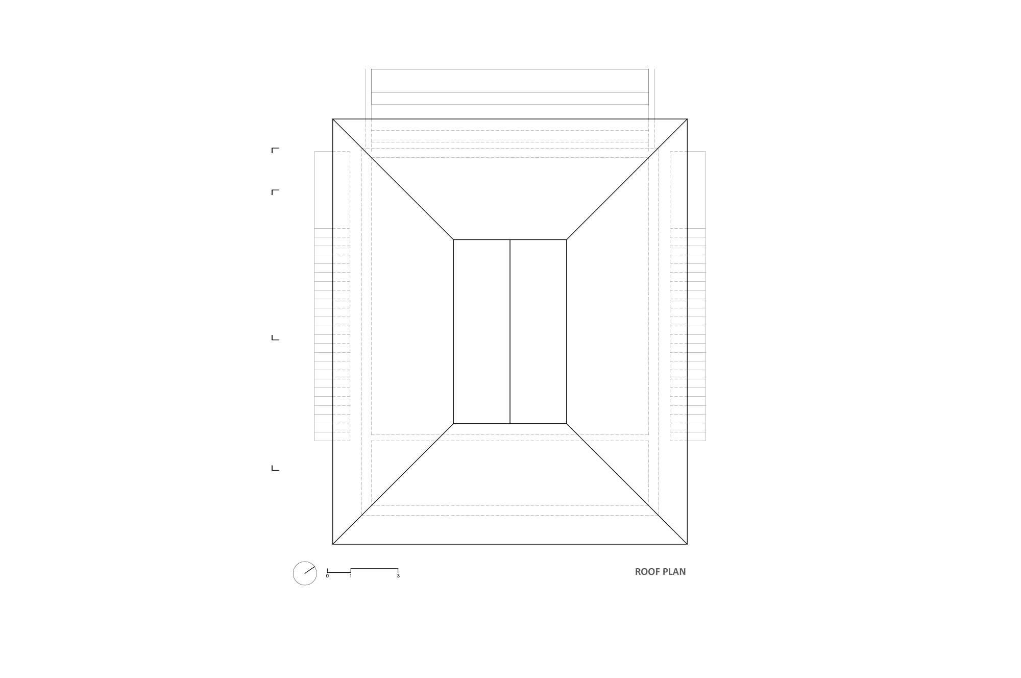 Roof plan drawing of a hipped roof with a central ridge opening, flanked by outlines of the side stairs