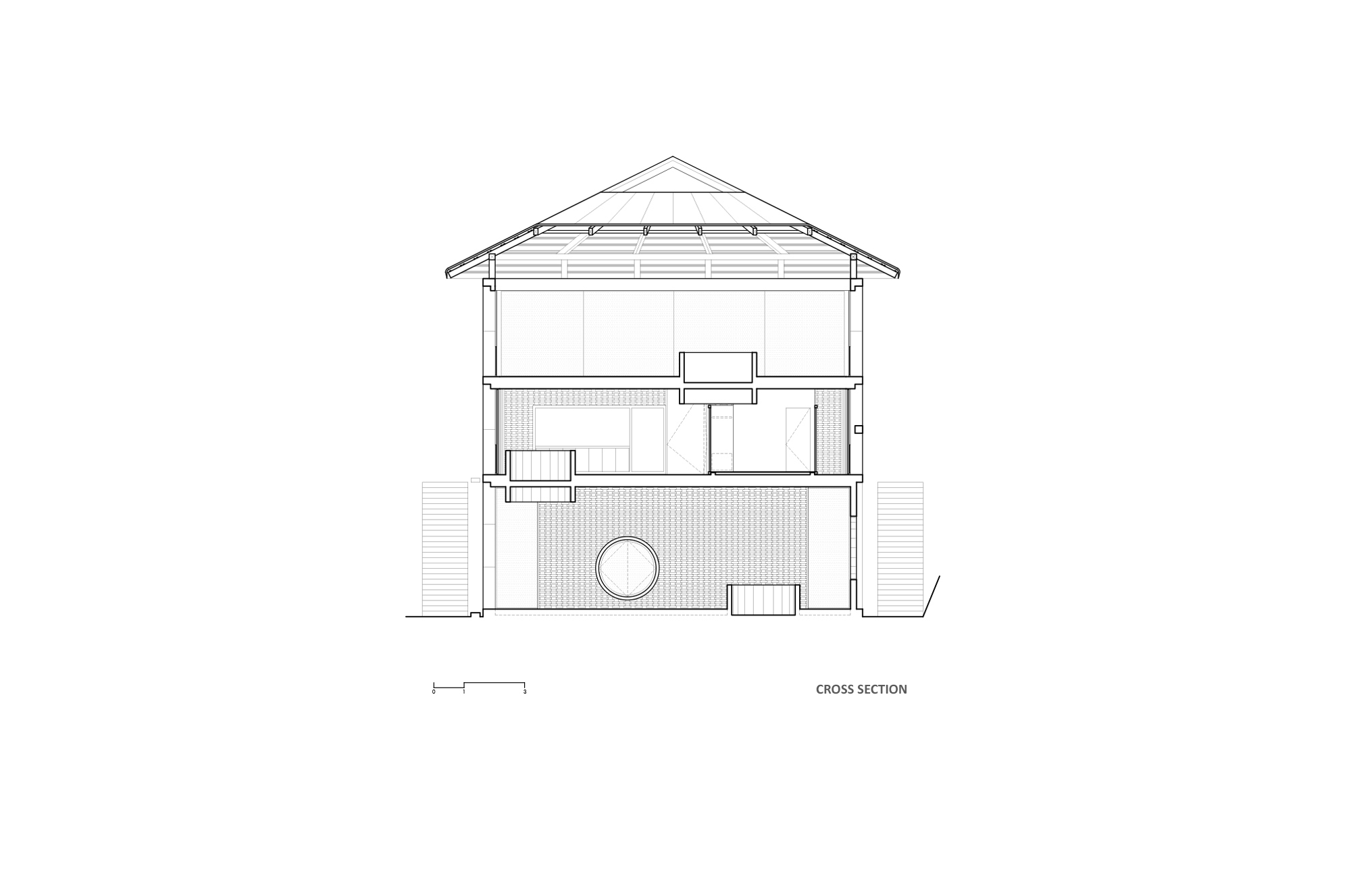 Cross section drawing of a three-level house under a hipped roof, with a circular window in the lowest wall