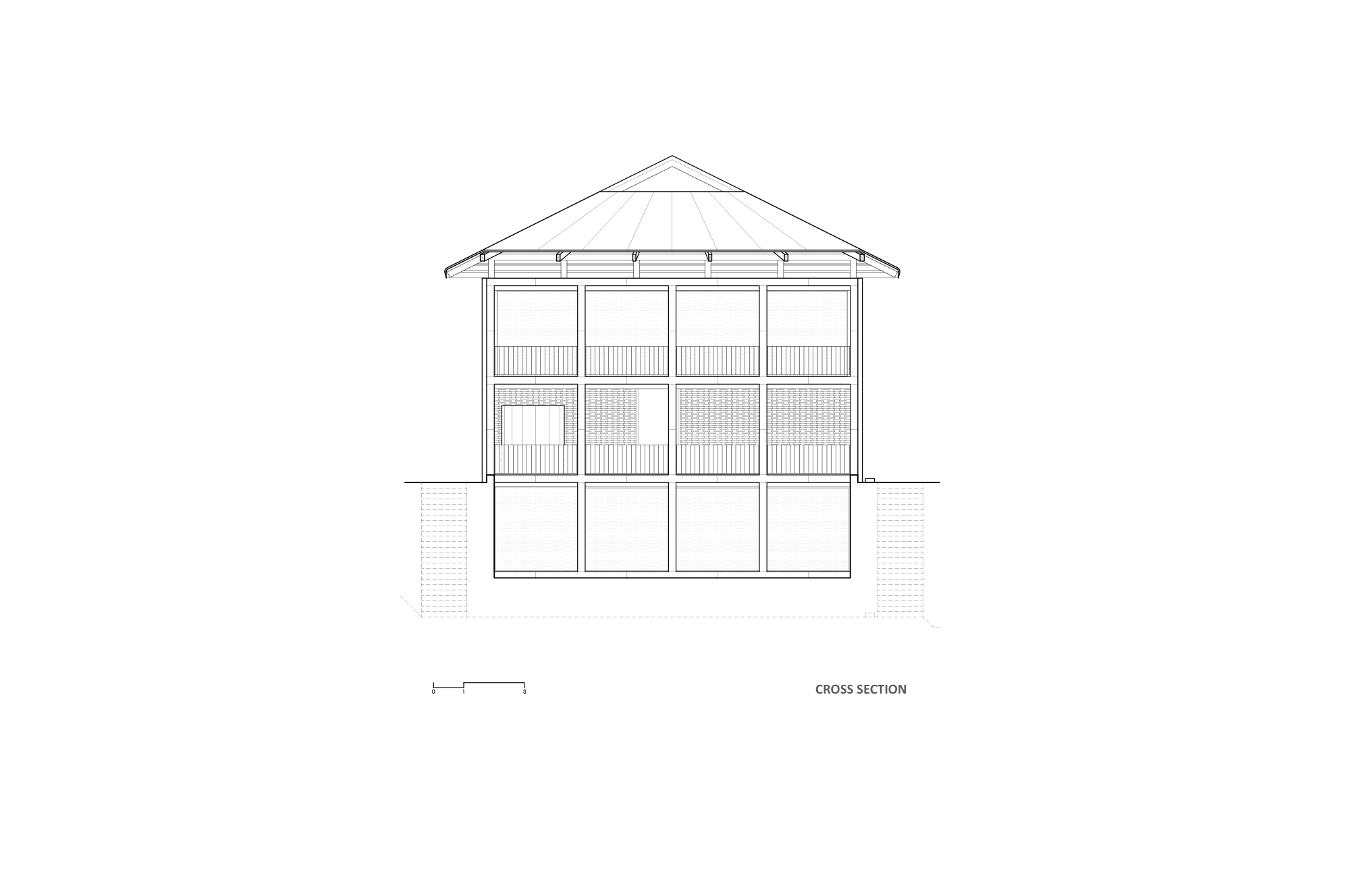 Cross section drawing of a three-storey building with a hipped roof, gridded framing and a lower level set into the ground