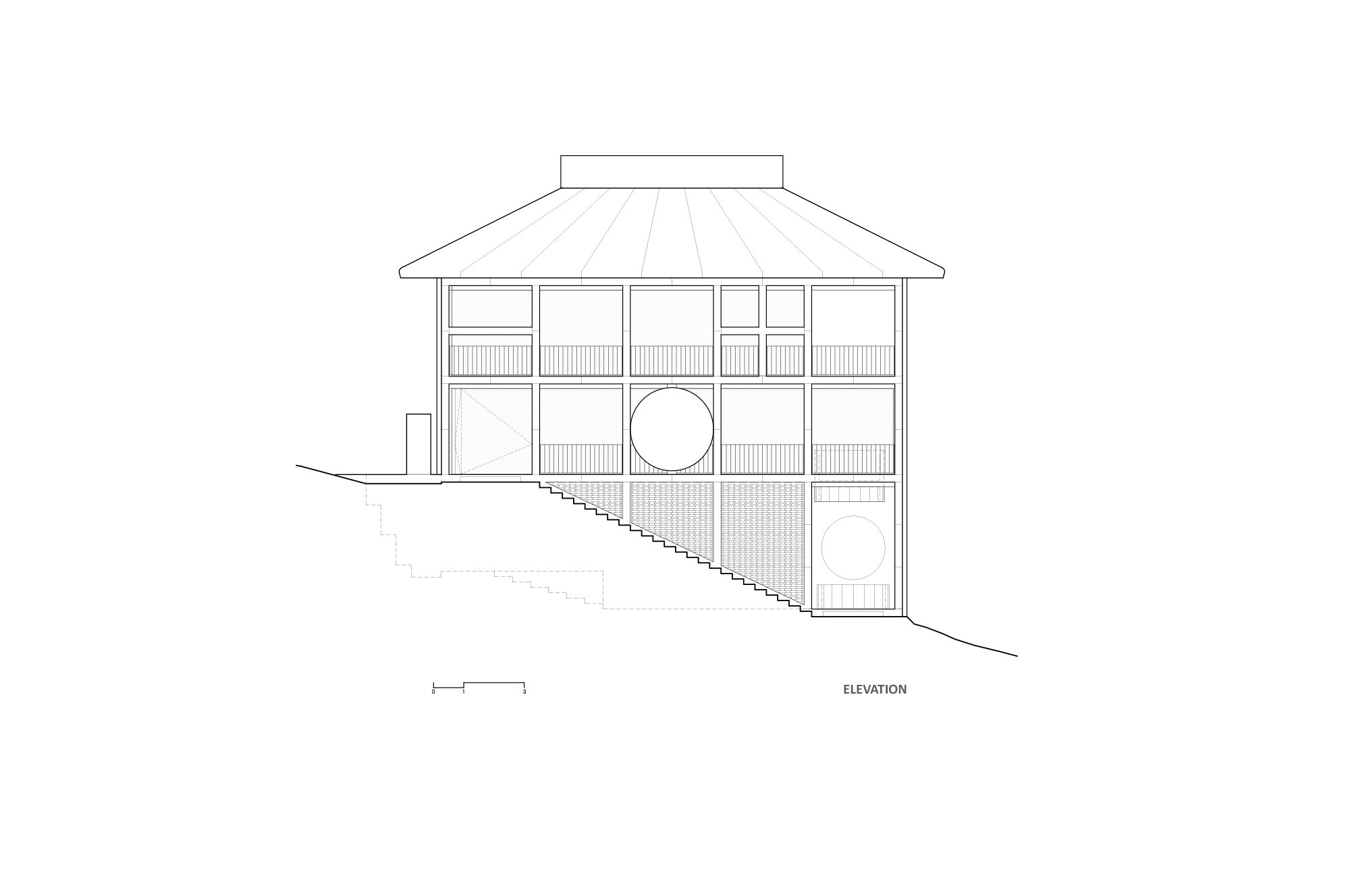 Elevation drawing of the framed facade with circular openings and a stepped stair running down the hillside beside it